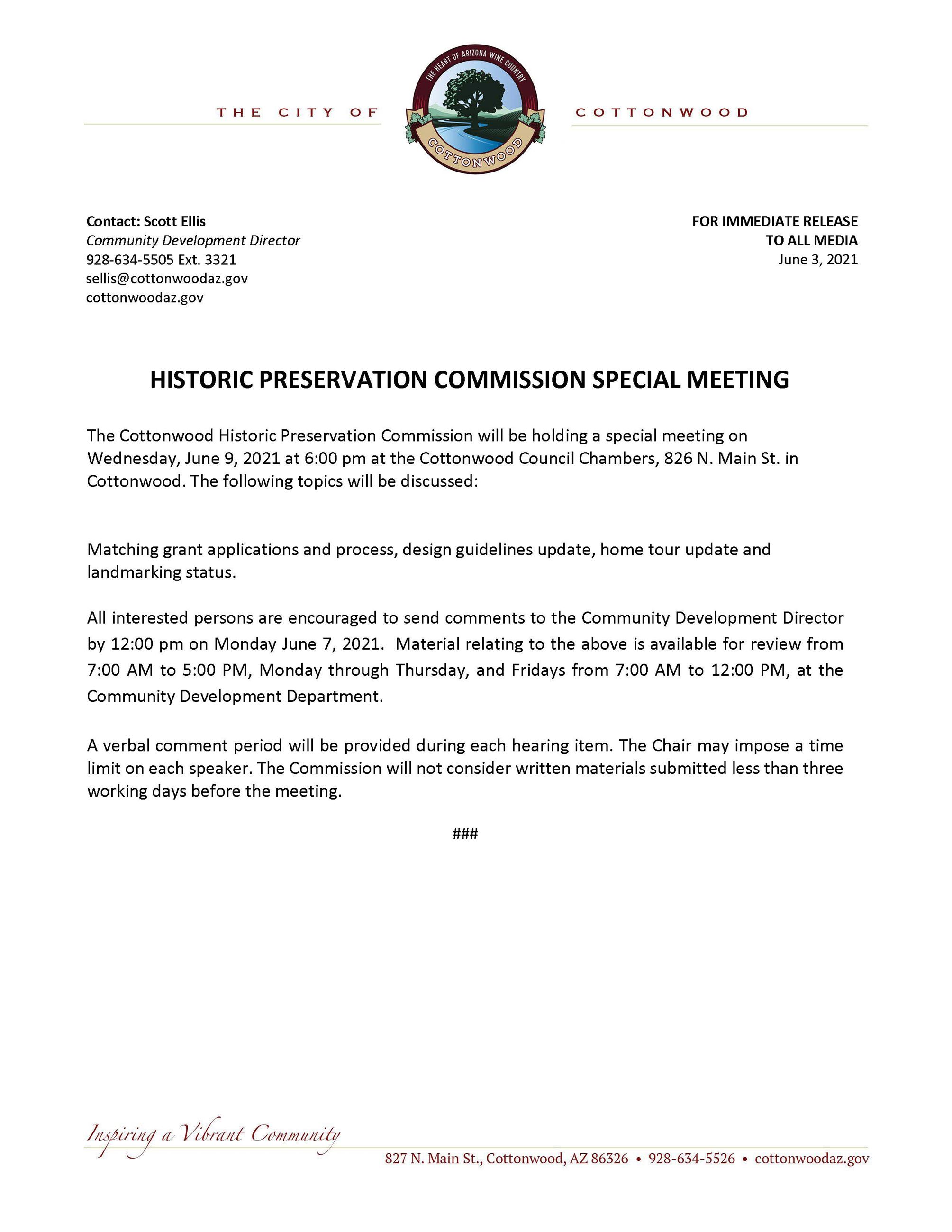 PRESS RELEASE - Historic Preservation Commission Special Meeting