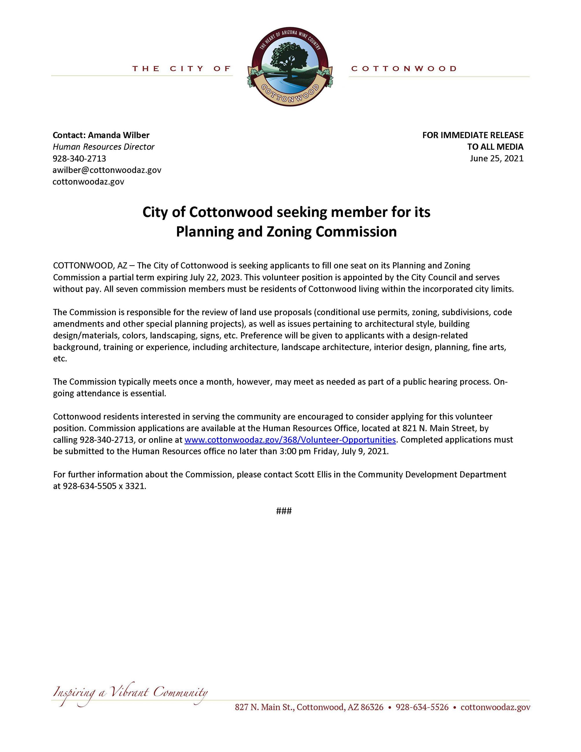 PRESS RELEASE - City of Cottonwood Seeking Members for its Planning and Zoning Commission
