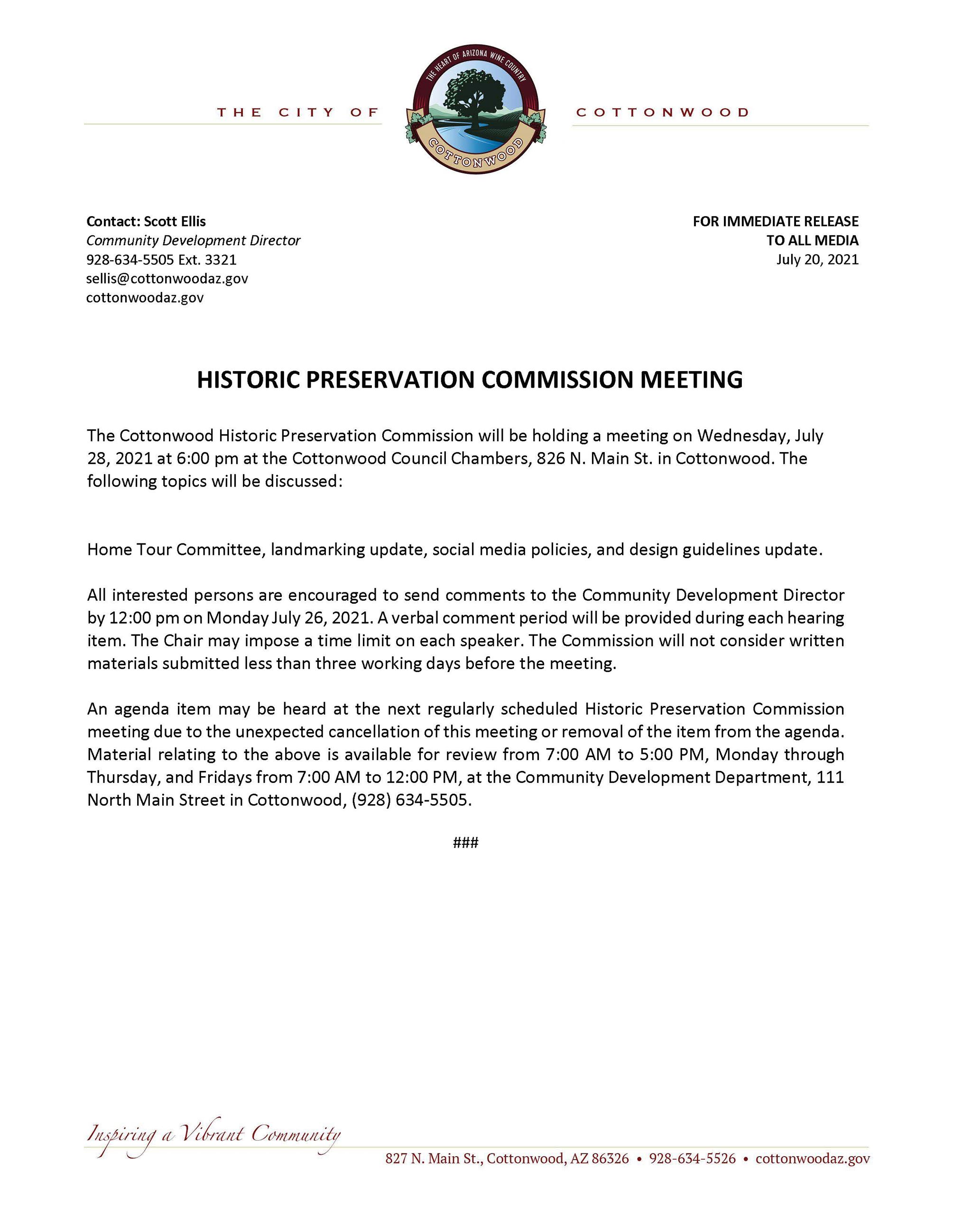 PRESS RELEASE - Cottonwood Historic Preservation Commission Meeting