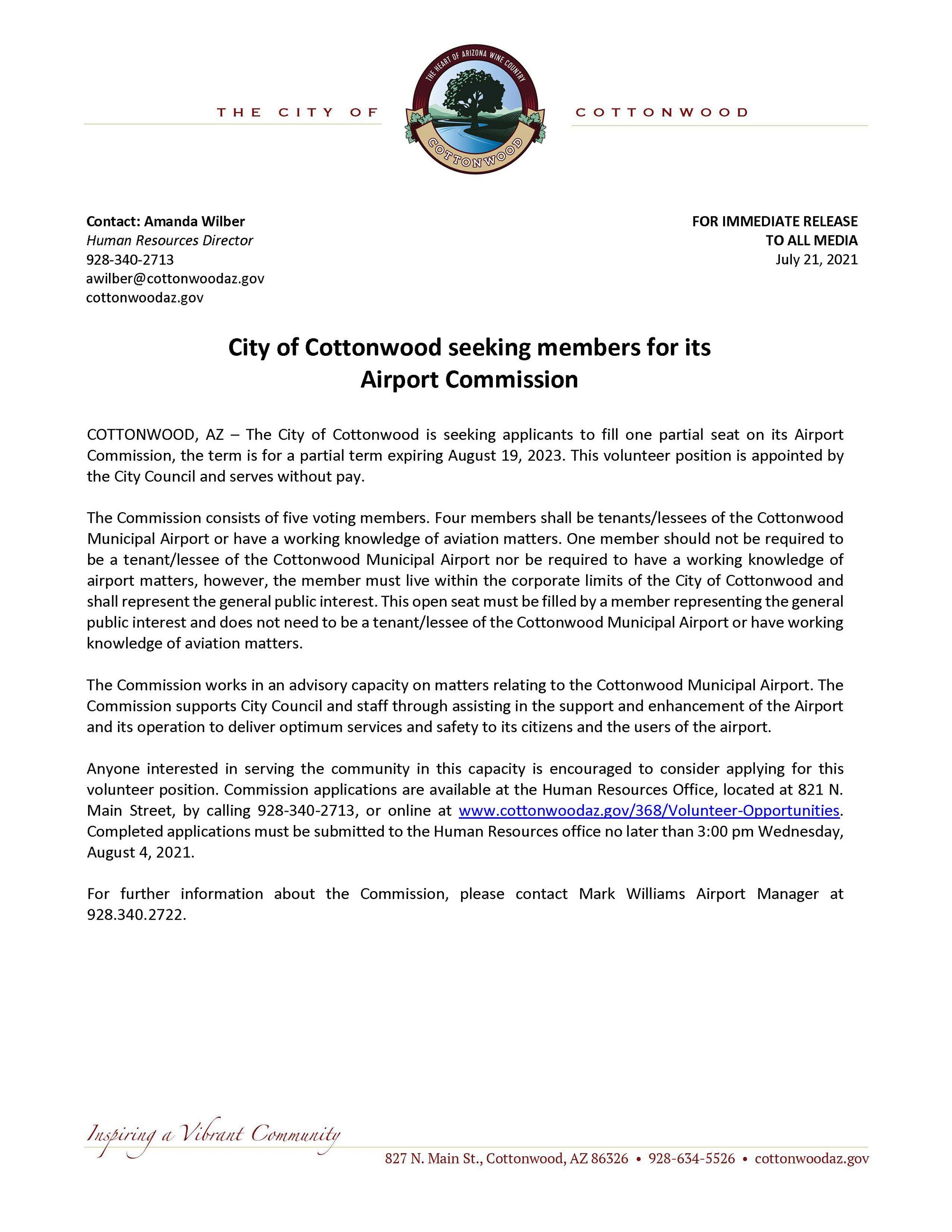 PRESS RELEASE - City of Cottonwood seeking members for its Airport Commission