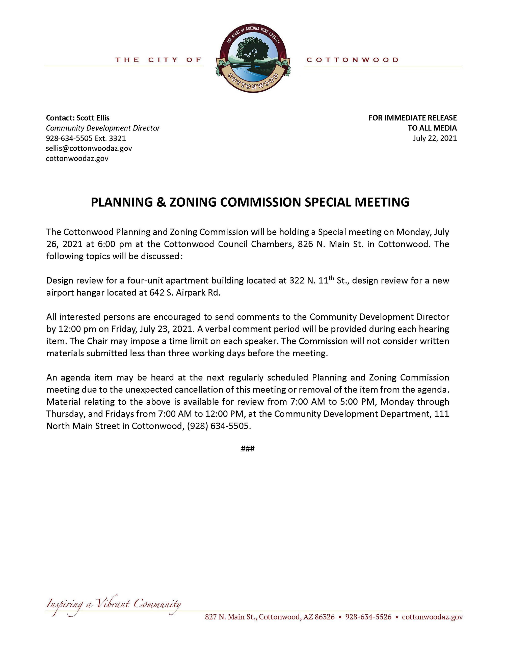 PRESS RELEASE - Planning and Zoning Commission Special Meeting