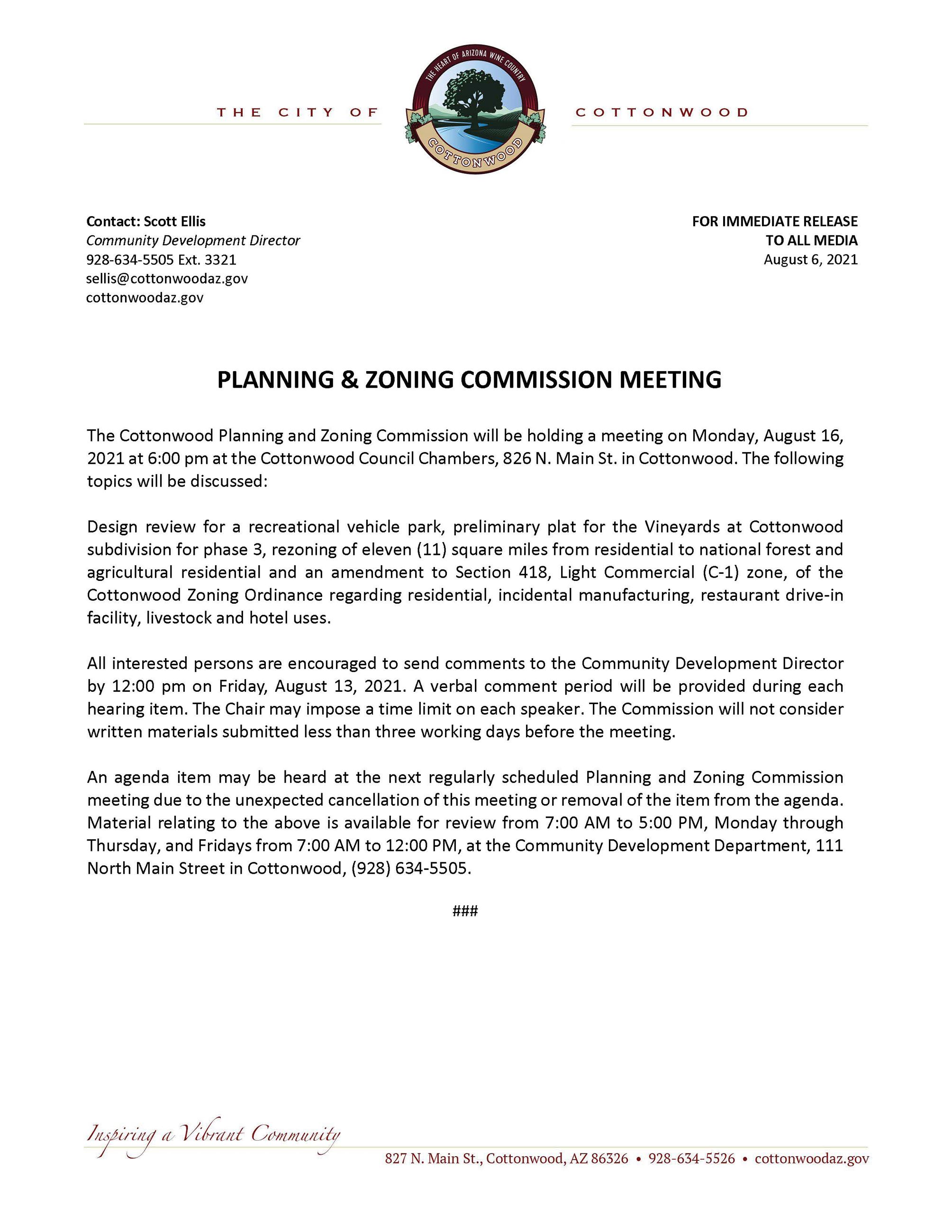 PRESS RELEASE - Cottonwood Planning and Zoning Commission Meeting