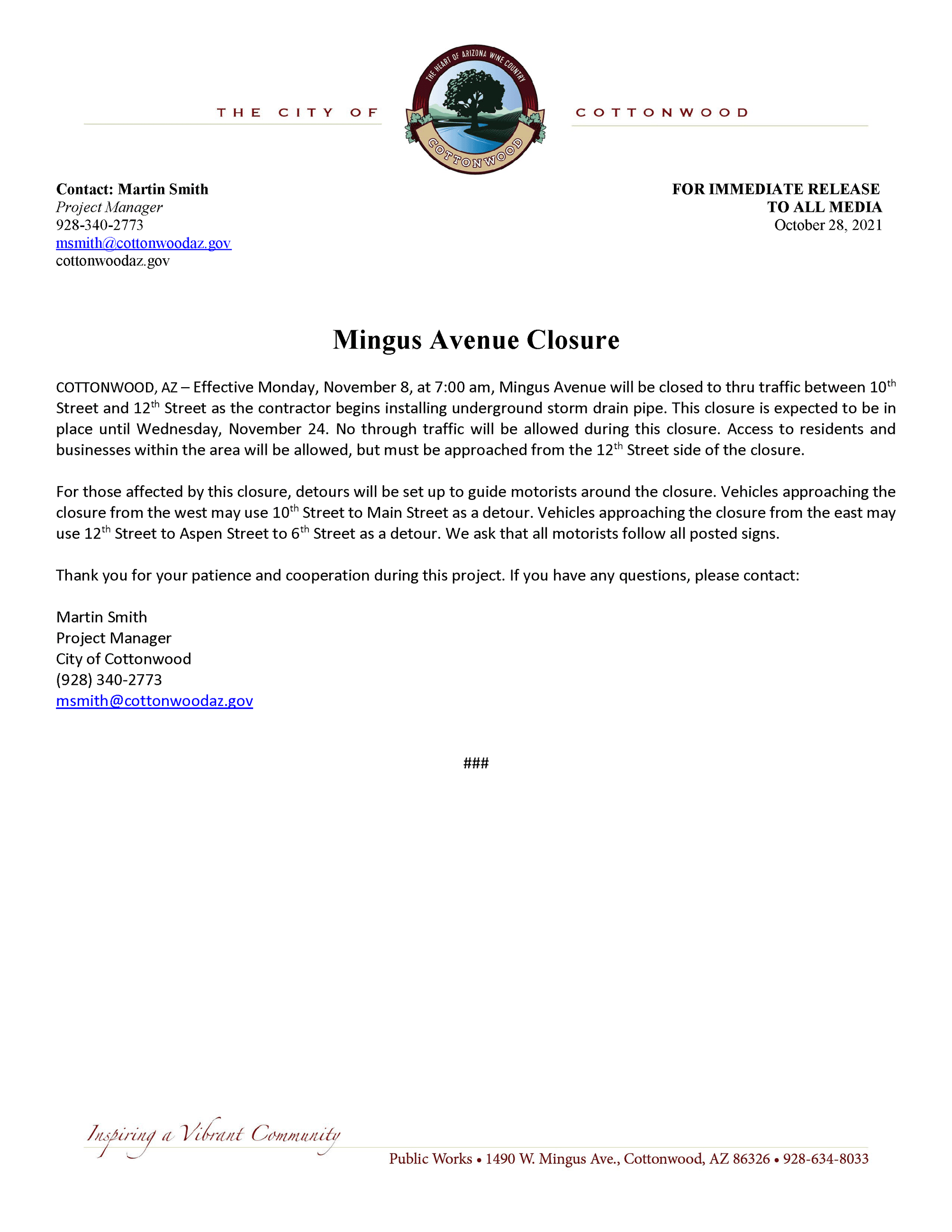PRESS RELEASE - Mingus Avenue Closure