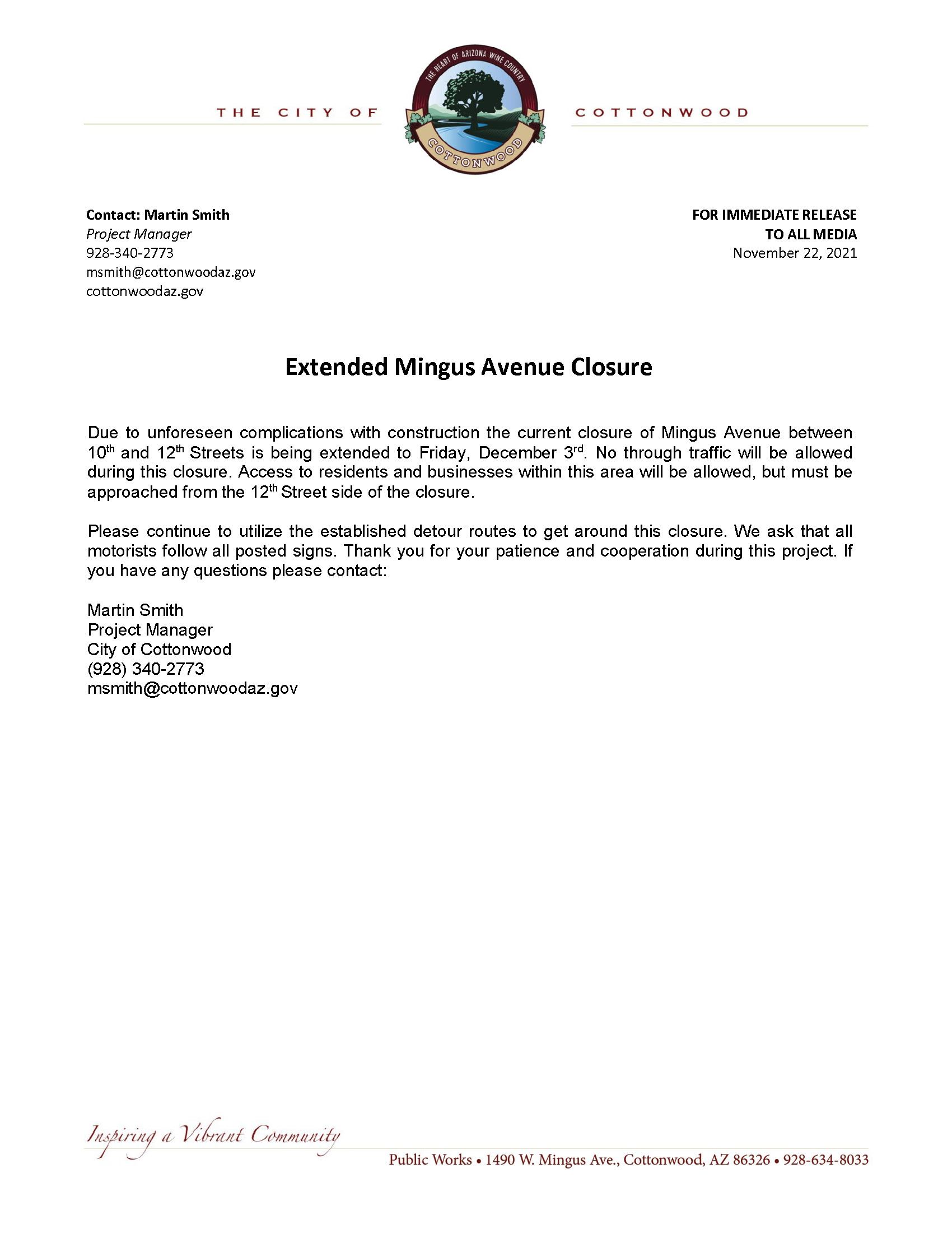 PRESS RELEASE - Extended Mingus Avenue Closure