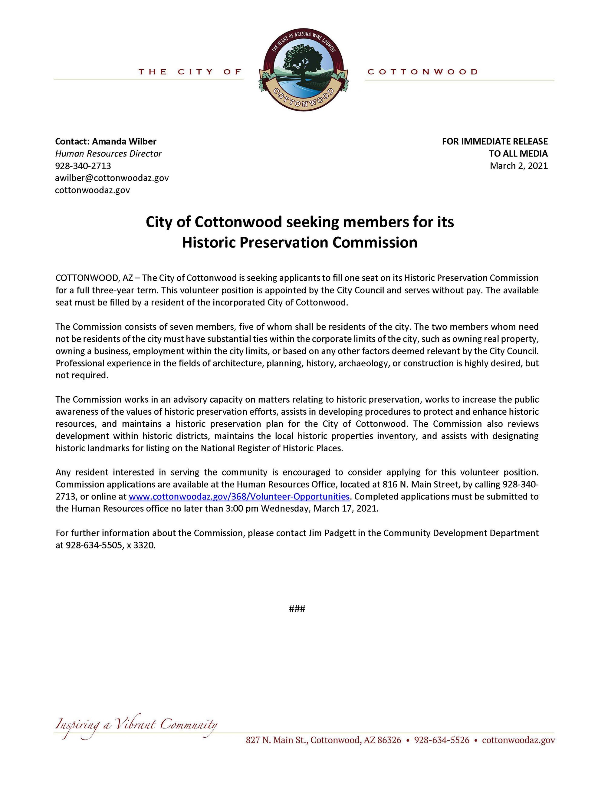 PRESS RELEASE - City of Cottonwood Seeking Members for its Historic Preservation Commission