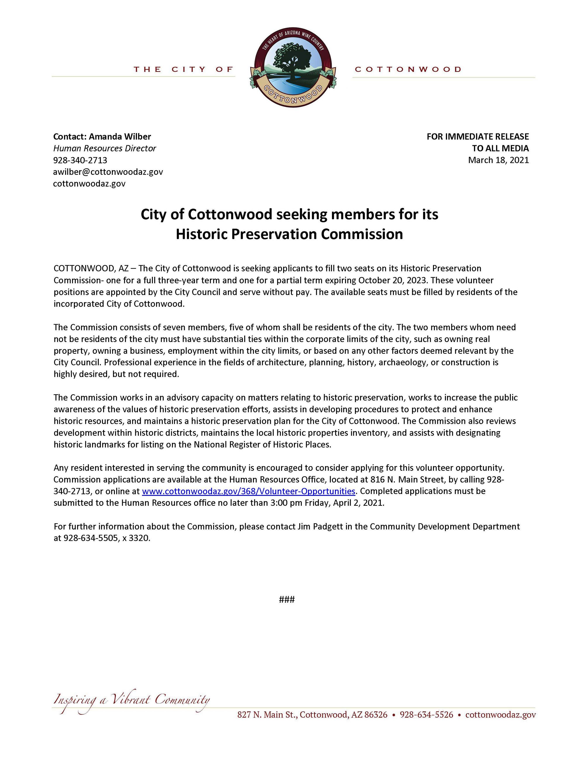 PRESS RELEASE - City of Cottonwood Seeking Members for its Historic Preservation Commission