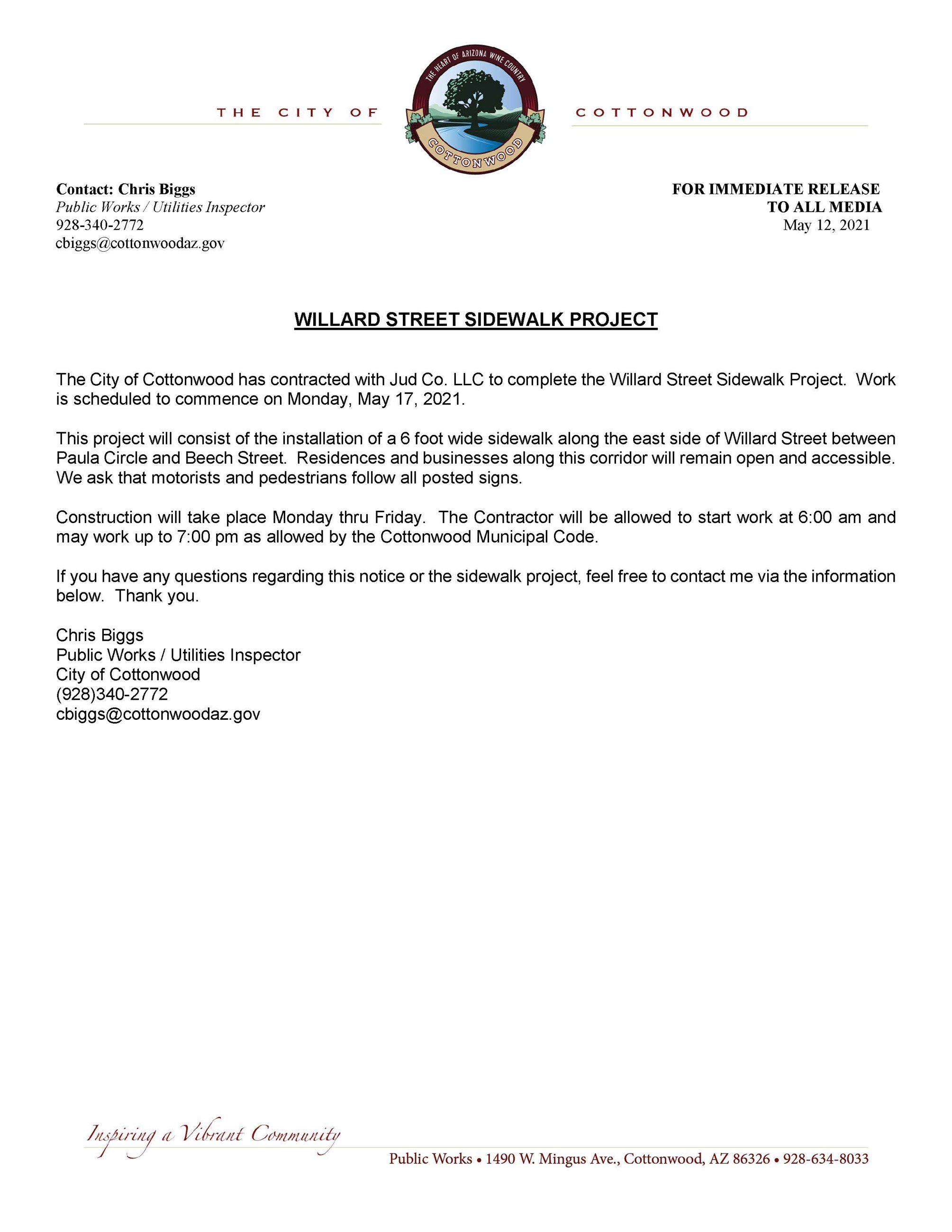 PRESS RELEASE - Willard Street Sidewalk Project