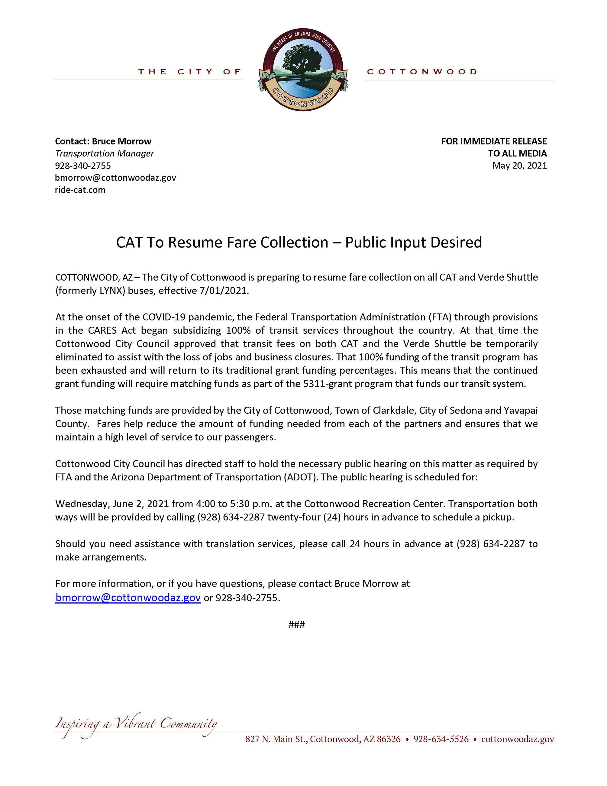 CAT PRESS RELEASE - Fare Changes - 20210701