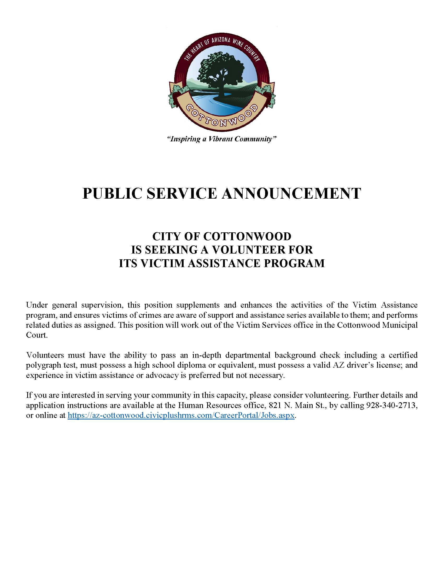 PSA - City of Cottonwood is Seeking Volunteers for its Victim Assistance Program Volunteer