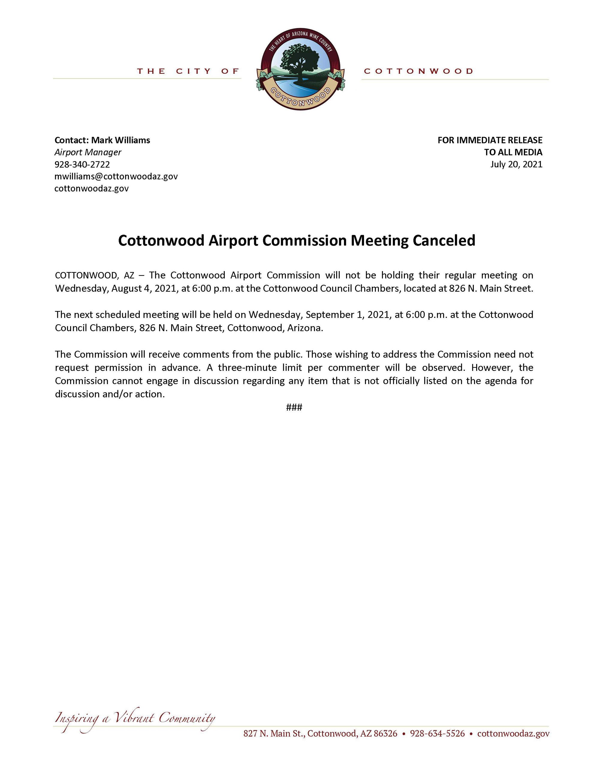 PRESS RELEASE - Cottonwood Airport Commission Meeting Canceled 