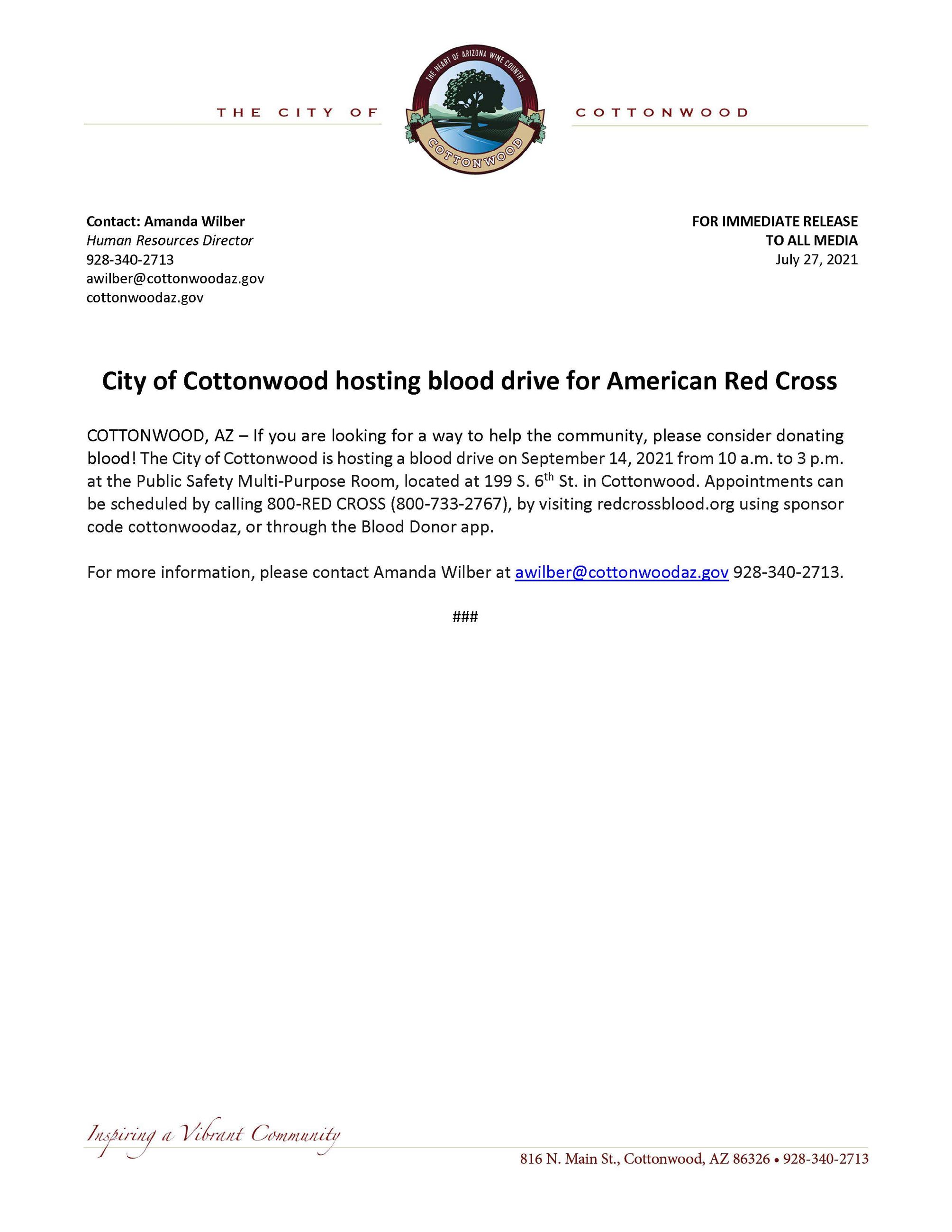 PRESS RELEASE - City of Cottonwood Hosting Blood Drive for American Red Cross