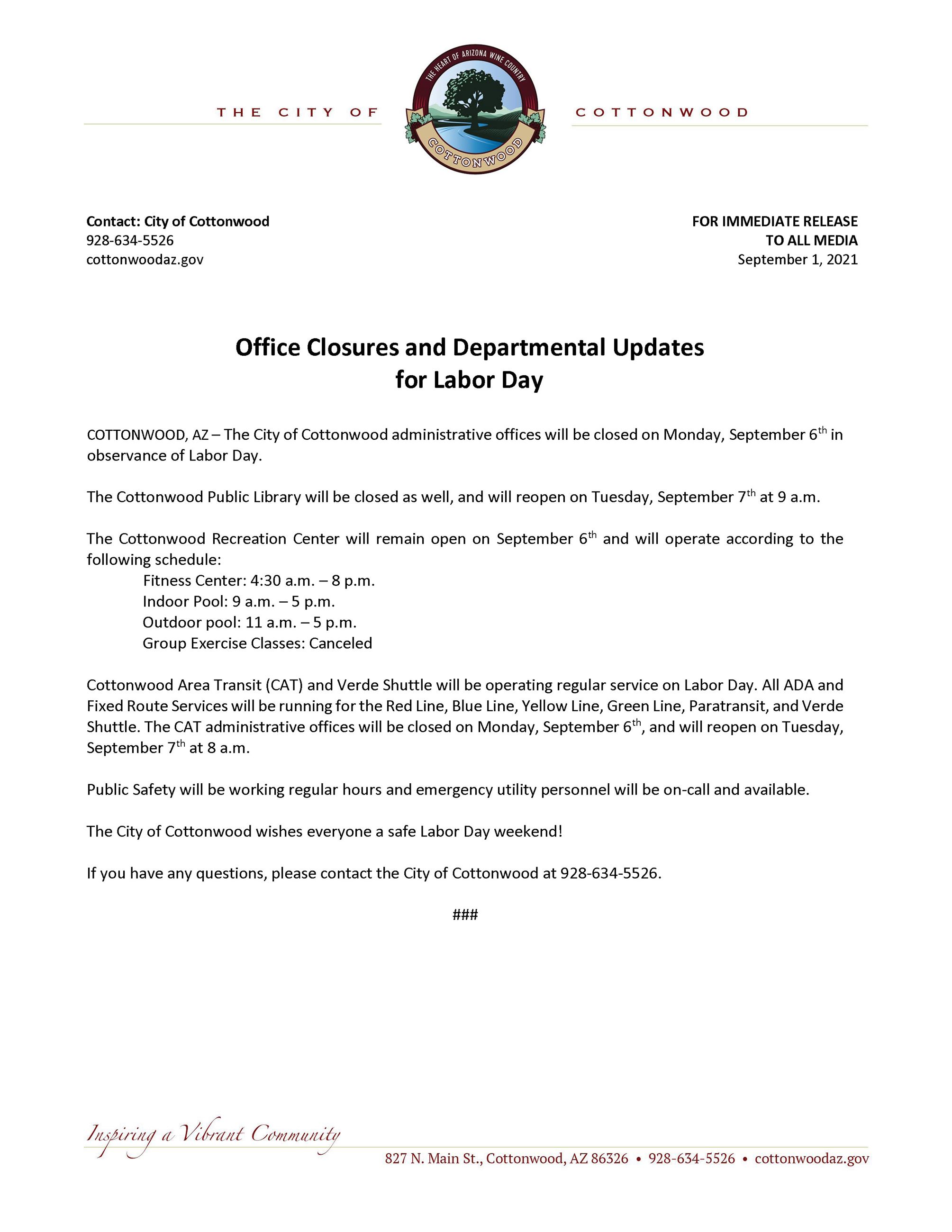 PRESS RELEASE - Labor Day 2021