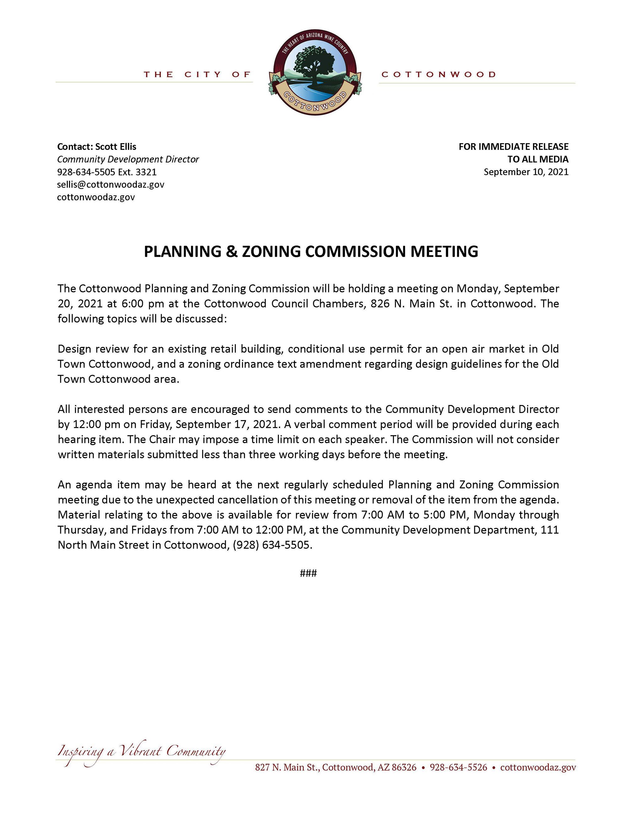 PRESS RELEASE - Cottonwood Planning and Zoning Commission Meeting 
