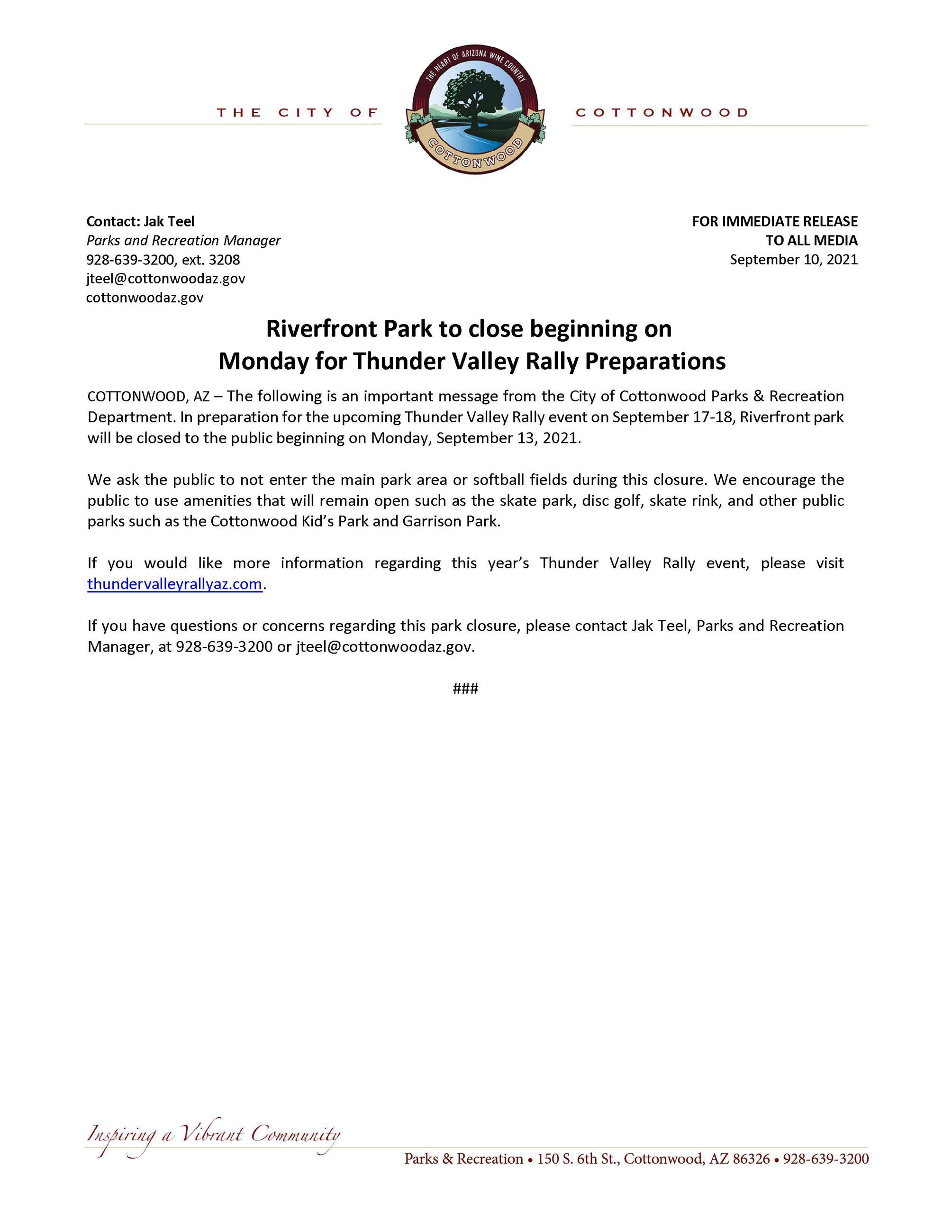 PRESS RELEASE - Riverfront Closure for TVR 2021