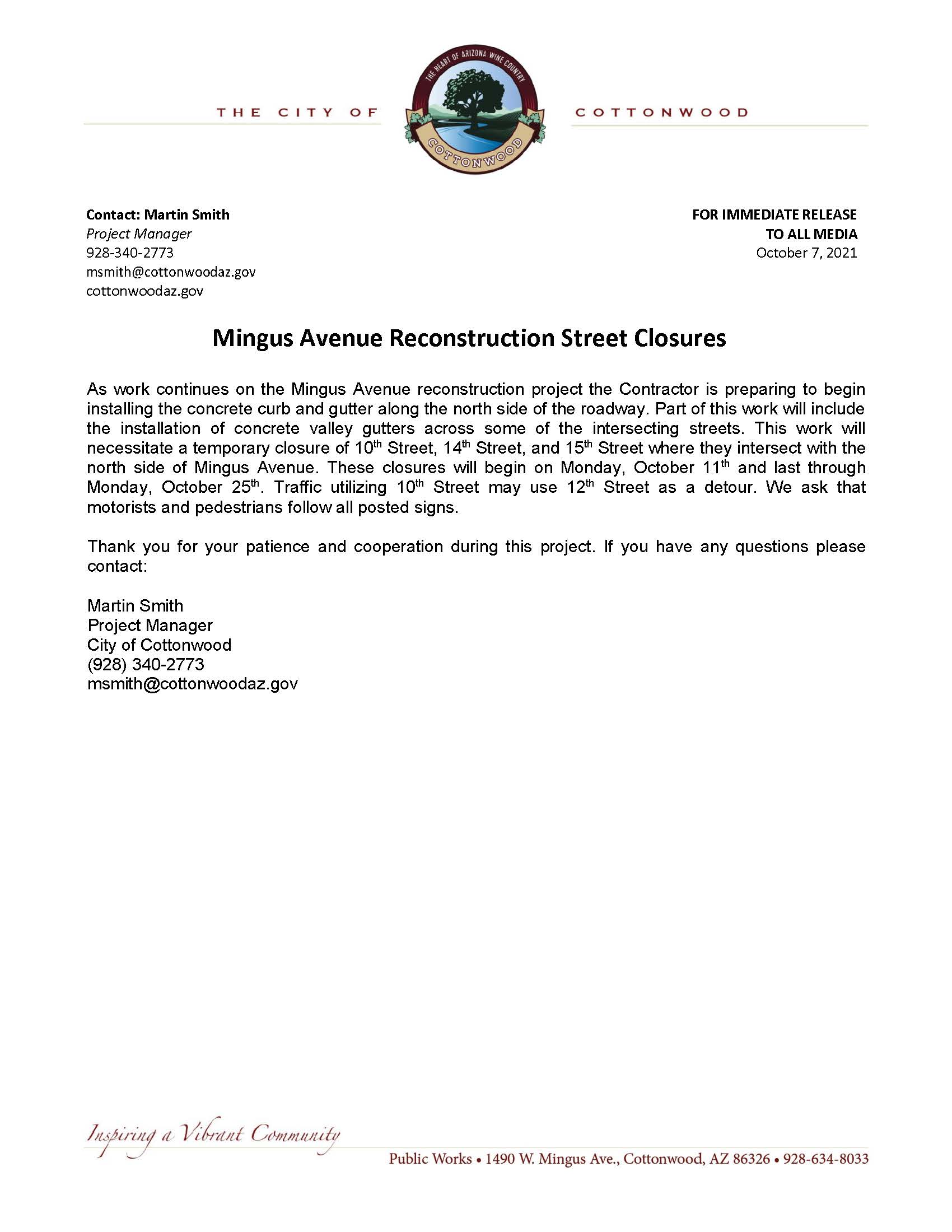PRESS RELEASE - Mingus Avenue Reconstruction Street Closures