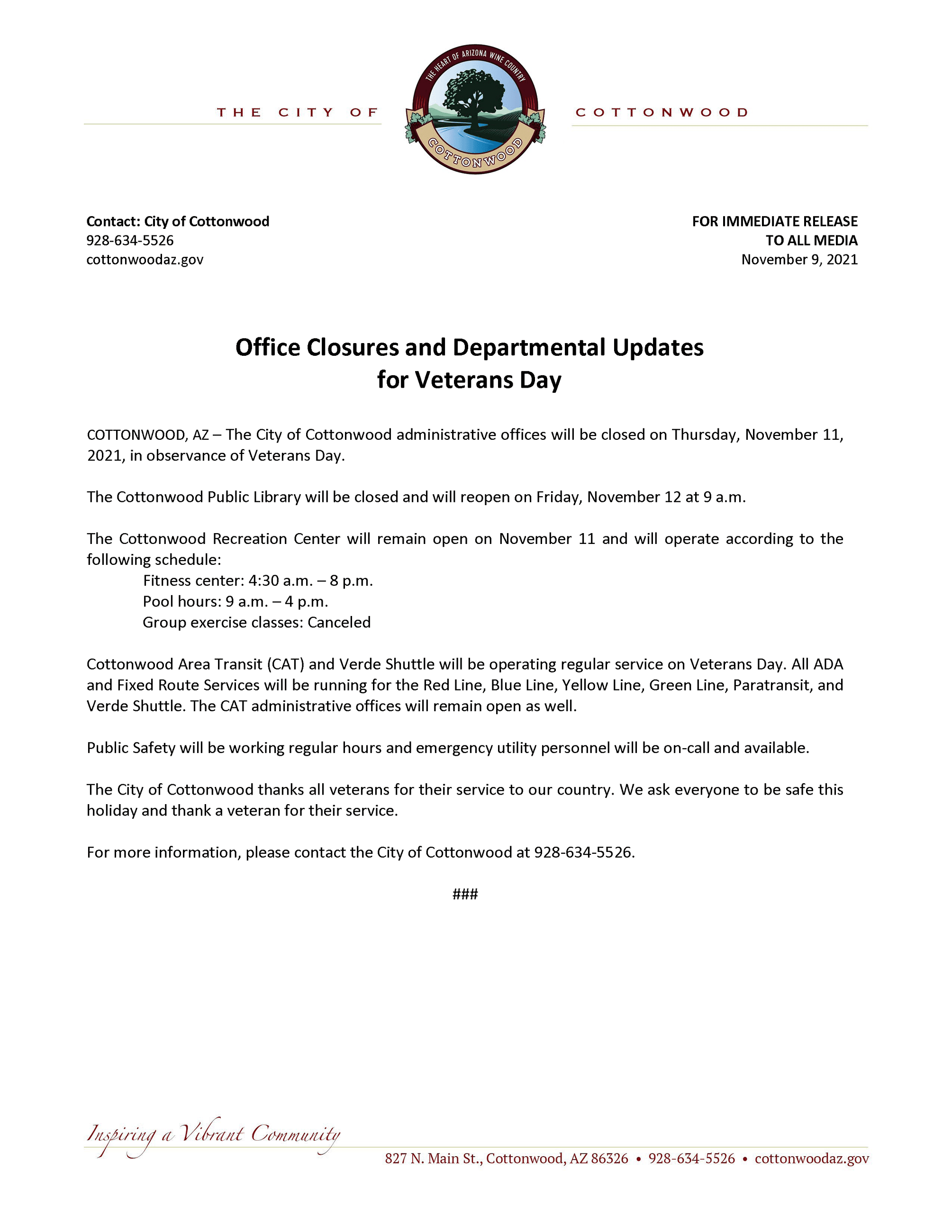 PRESS RELEASE - Veterans Day 2021