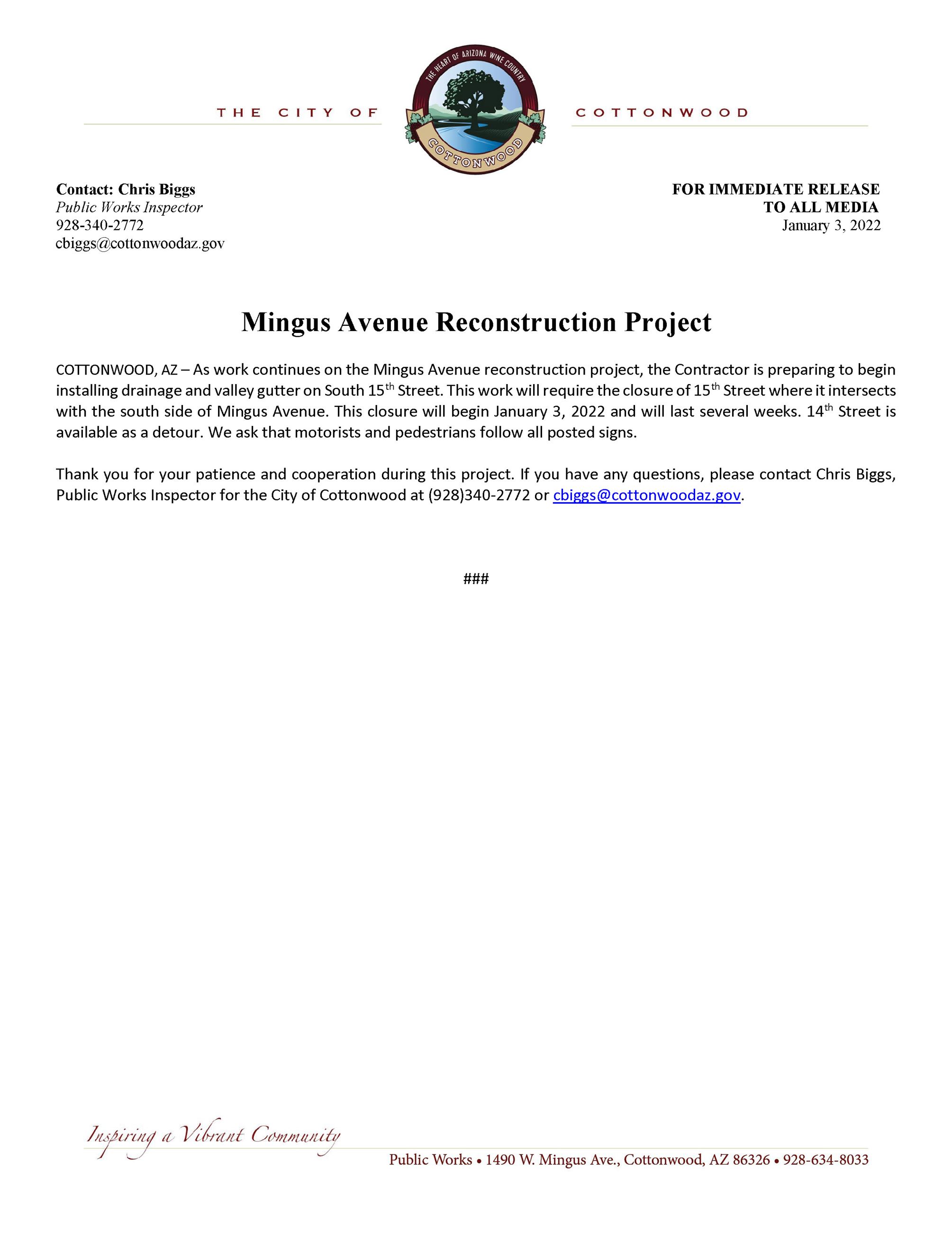 PRESS RELEASE - Mingus Avenue Reconstruction Street Closure