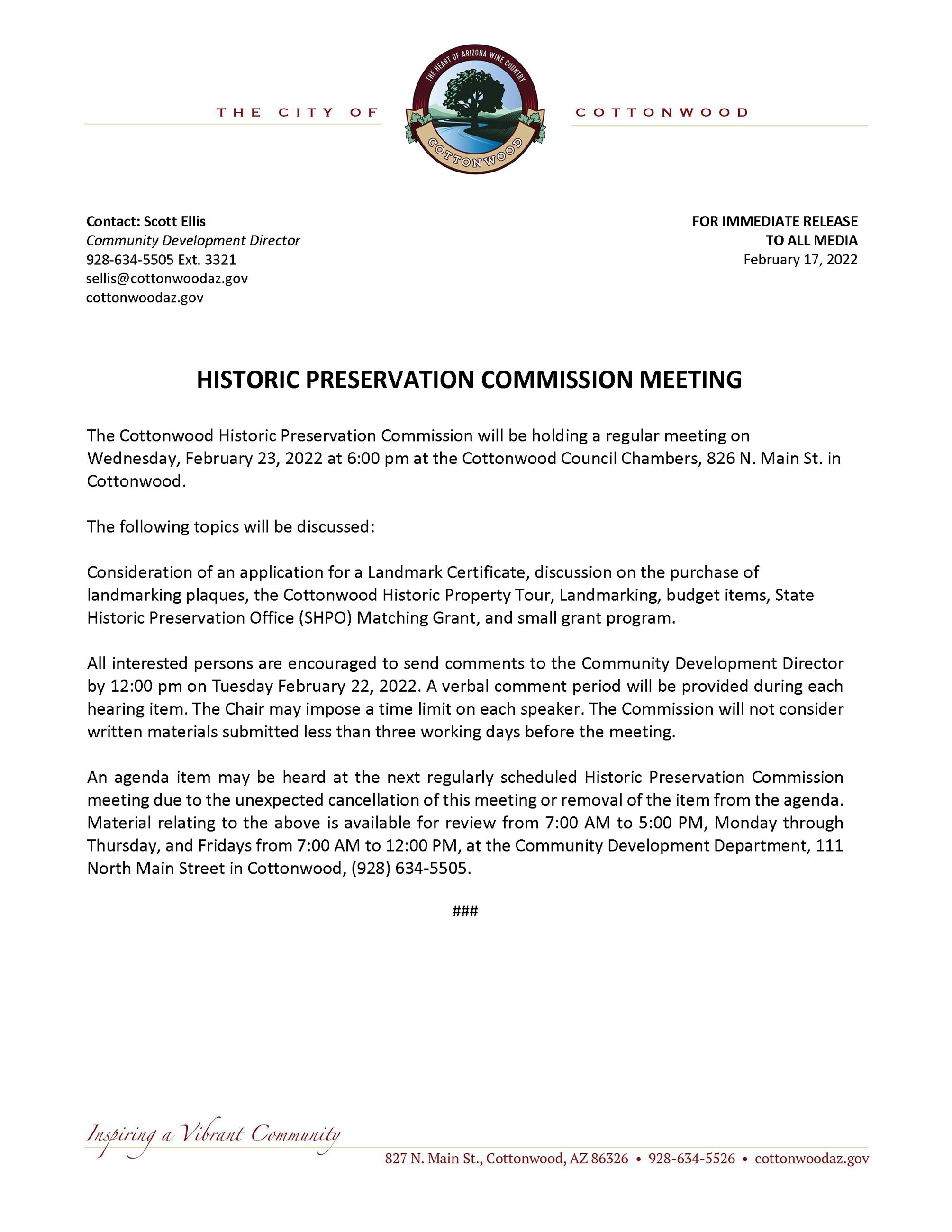 PRESS RELEASE - Historic Preservation Commission Special Meeting