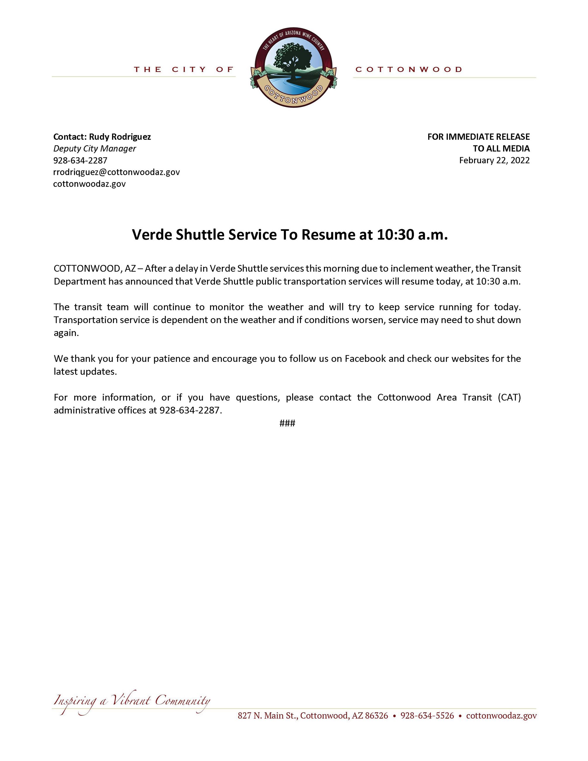 PRESS RELEASE - Verde Shuttle Service To Resume