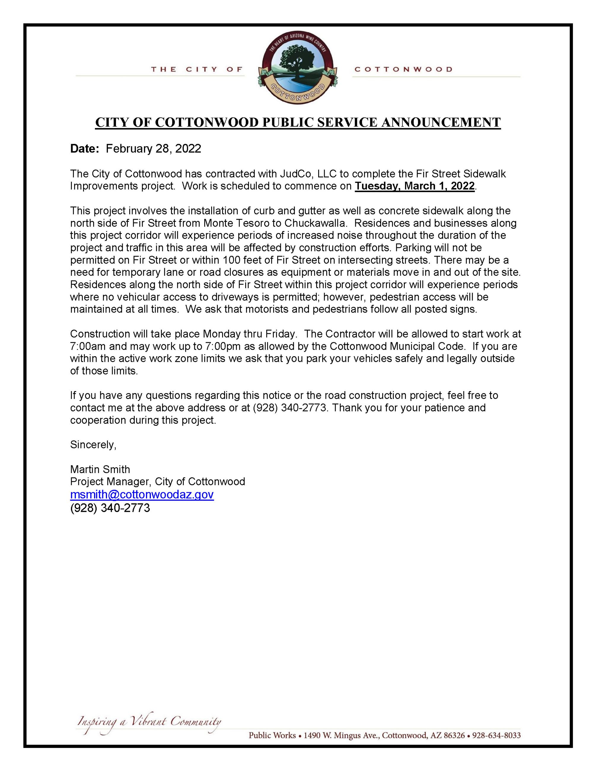 City of Cottonwood PSA - Fir Street Sidewalk Project