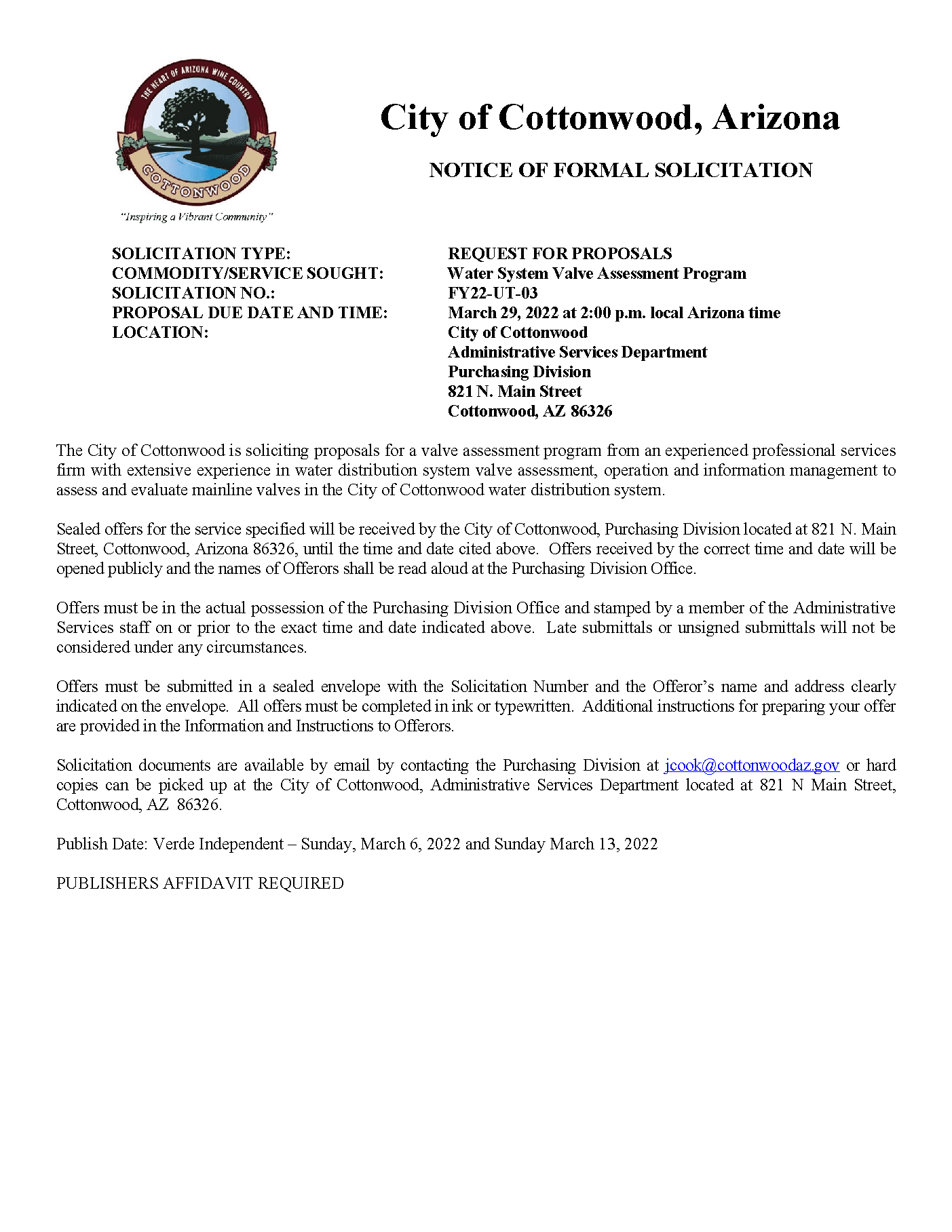 Request for Proposals - Water System Valve Assessment Program RFP FY22-UT-03 - Website Newspaper