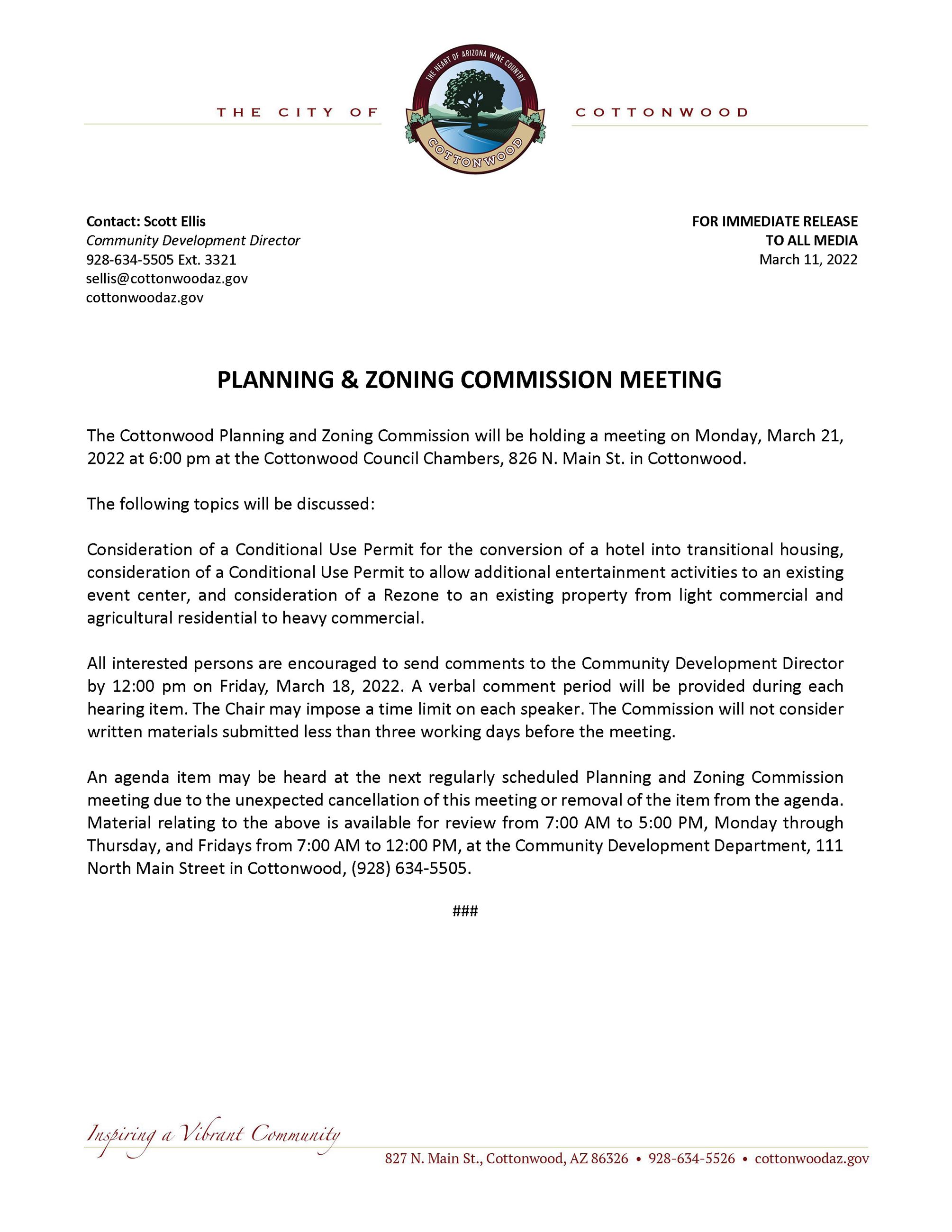 PRESS RELEASE - Planning and Zoning Commission Meeting