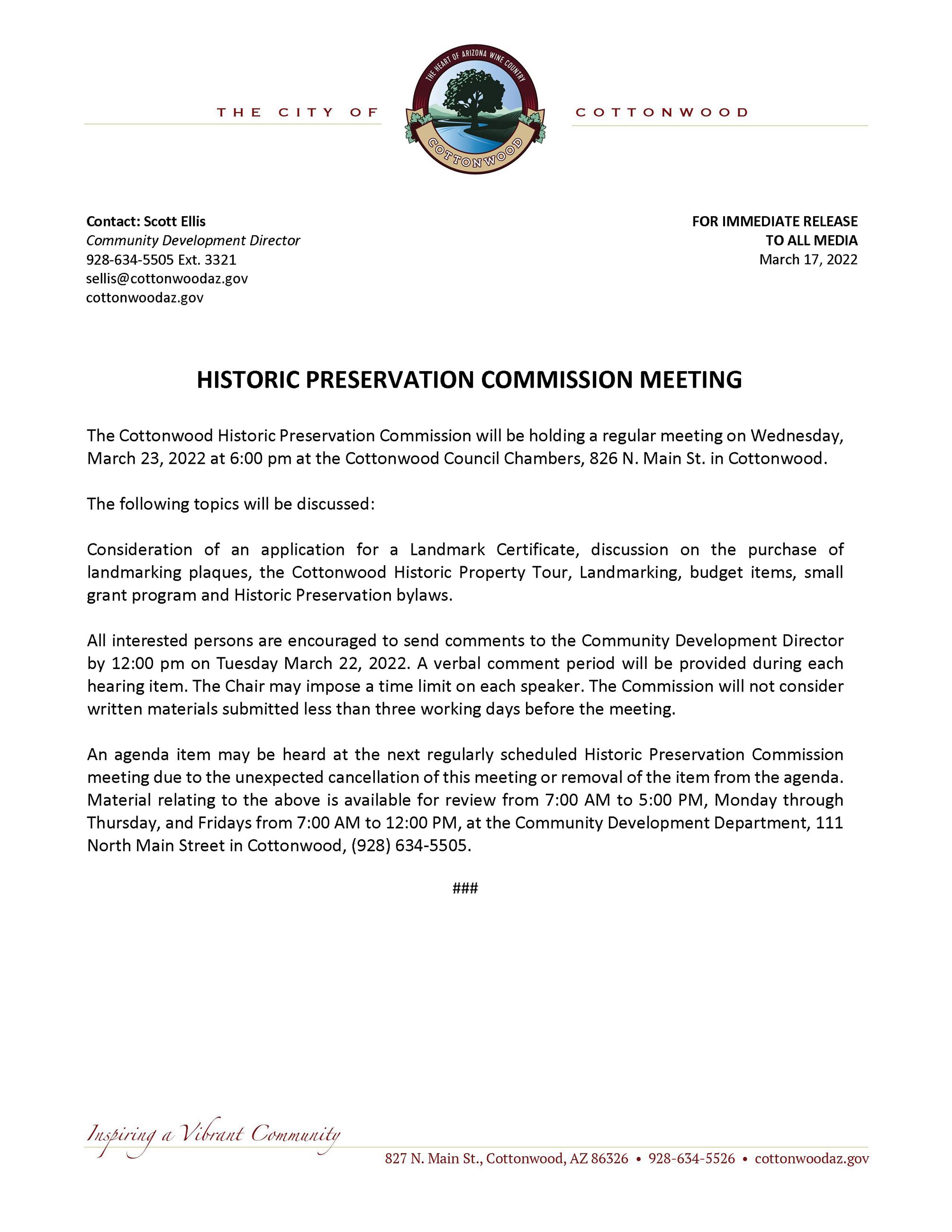 PRESS RELEASE - Cottonwood Historic Preservation Commission
