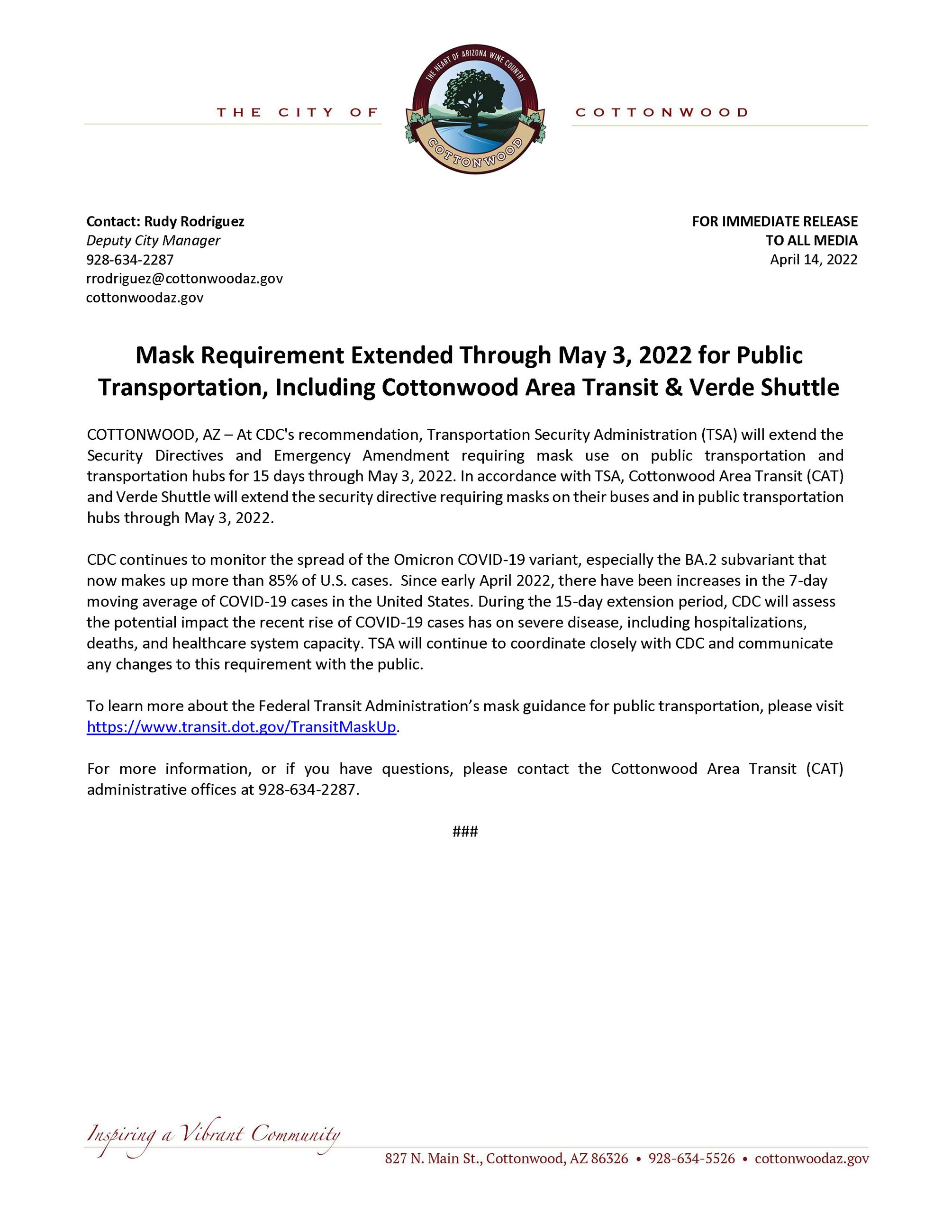 PRESS RELEASE - Mask Requirement Extended to May 3