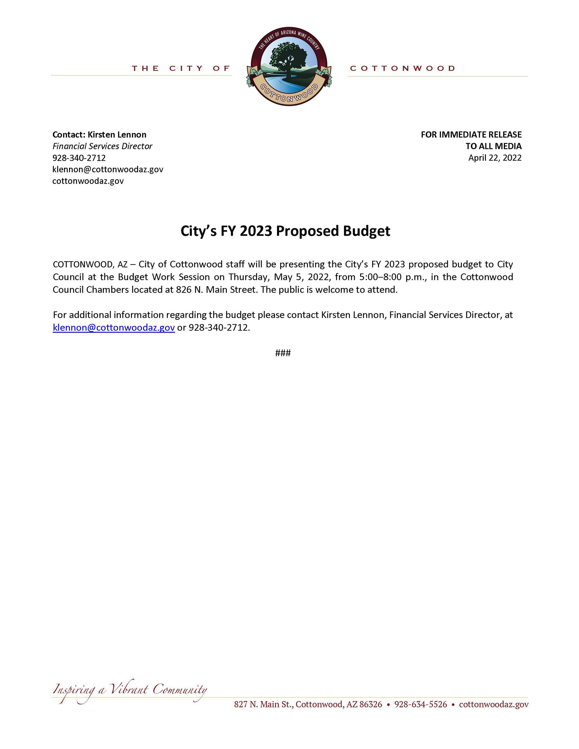 PRESS RELEASE  - Citys Proposed Budget