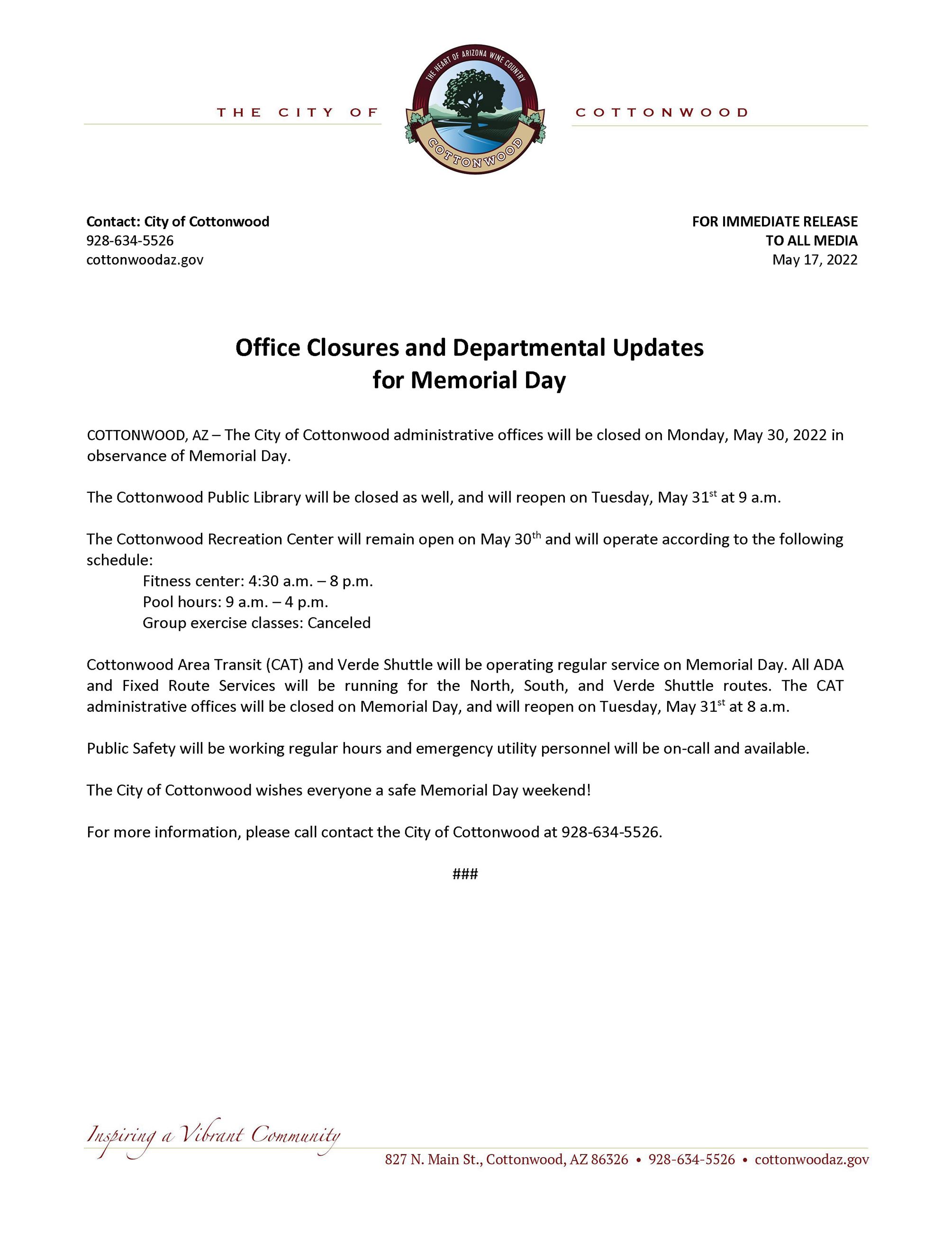 PRESS RELEASE - Memorial Day 2022