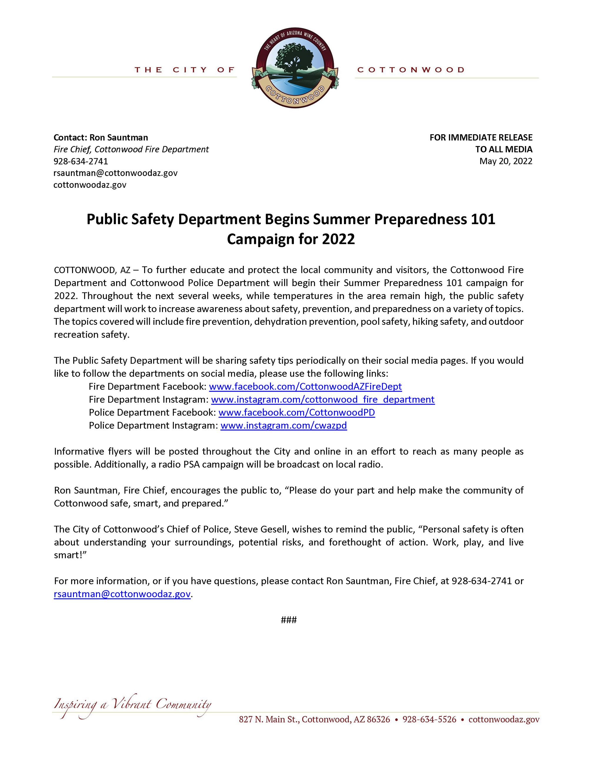 PRESS RELEASE - Summer Preparedness 101 Campaign 2022