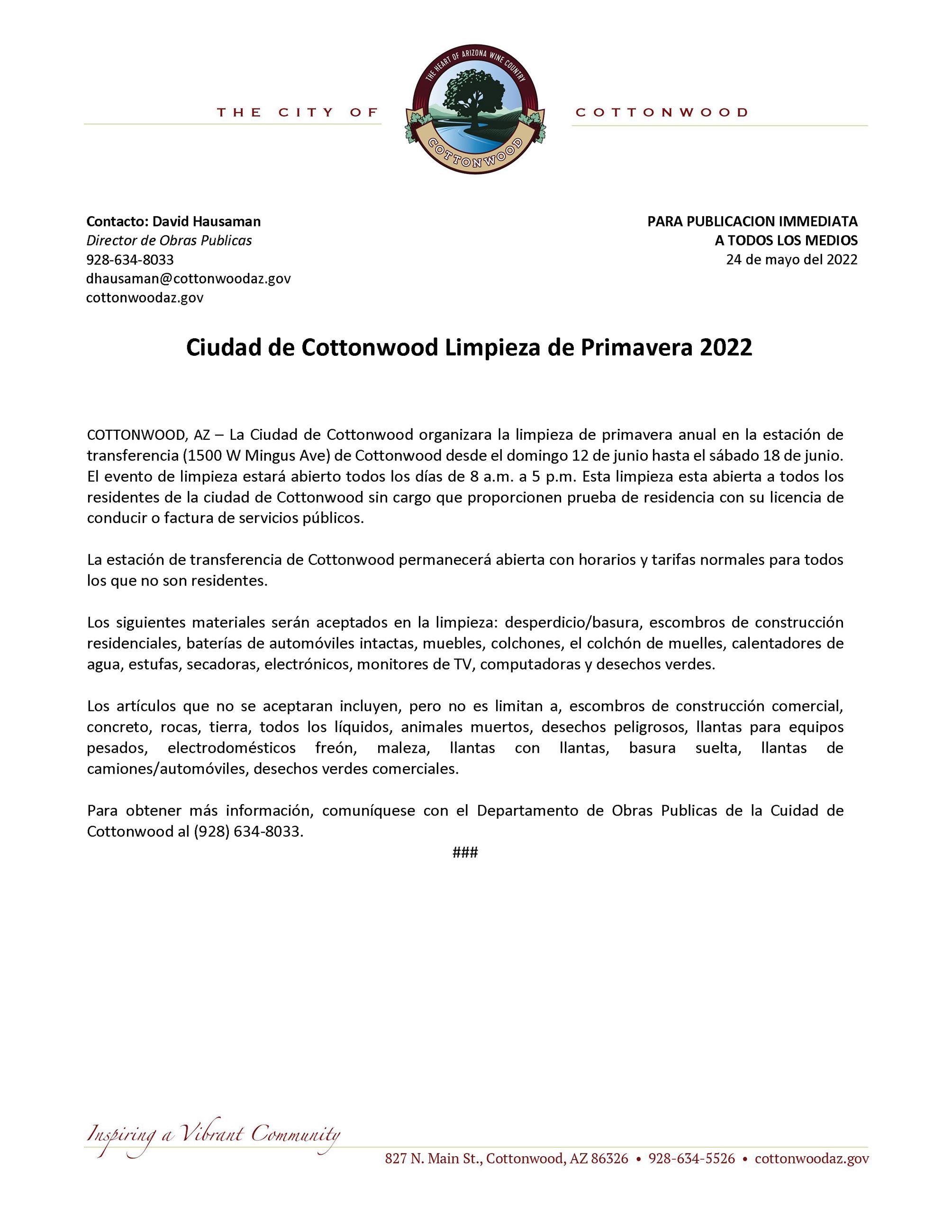 PRESS RELEASE - Cuidad de Cottonwood Limpieza de Primavera 2022