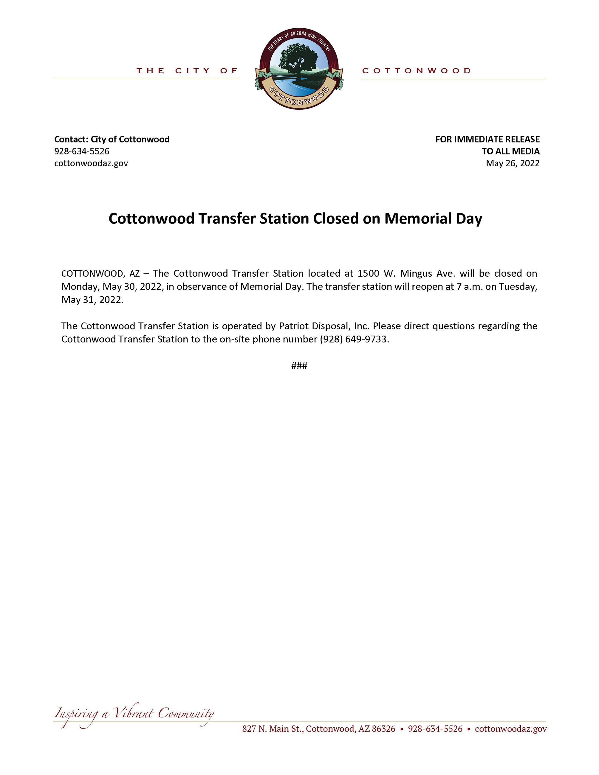 PRESS RELEASE - Transfer Station Closure for Memorial Day 2022