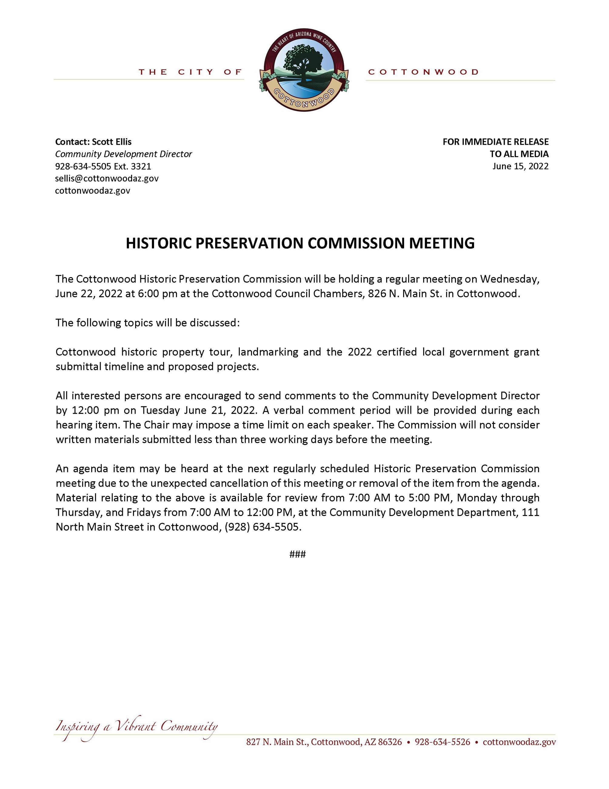 PRESS RELEASE - Historic Preservation Commission Meeting