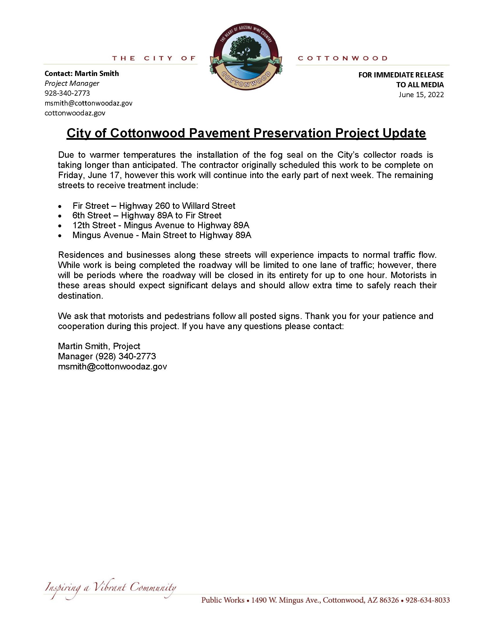 PRESS RELEASE - City of Cottonwood Pavement Preservation Project Update