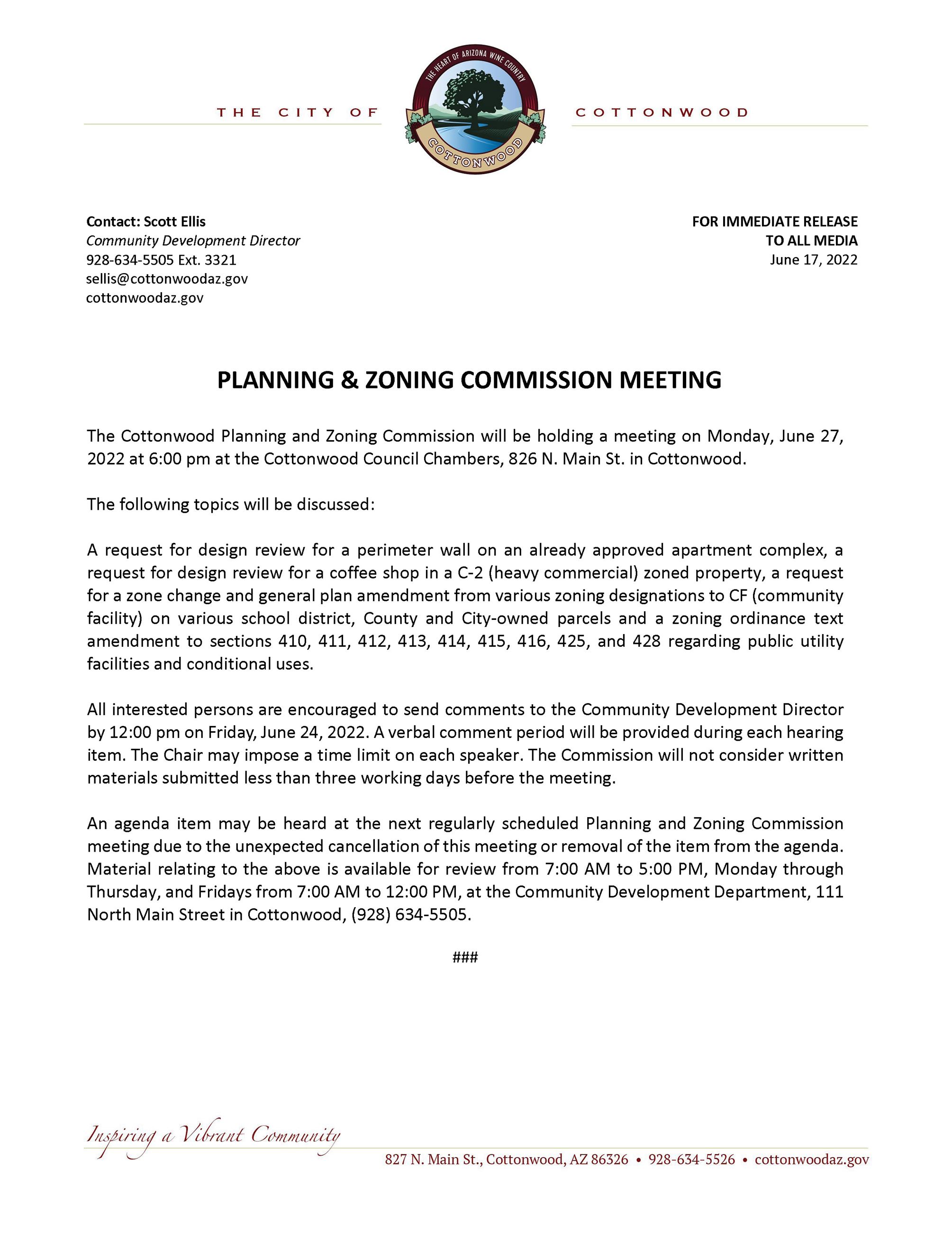PRESS RELEASE - Cottonwood Planning and Zoning Commission Meeting 