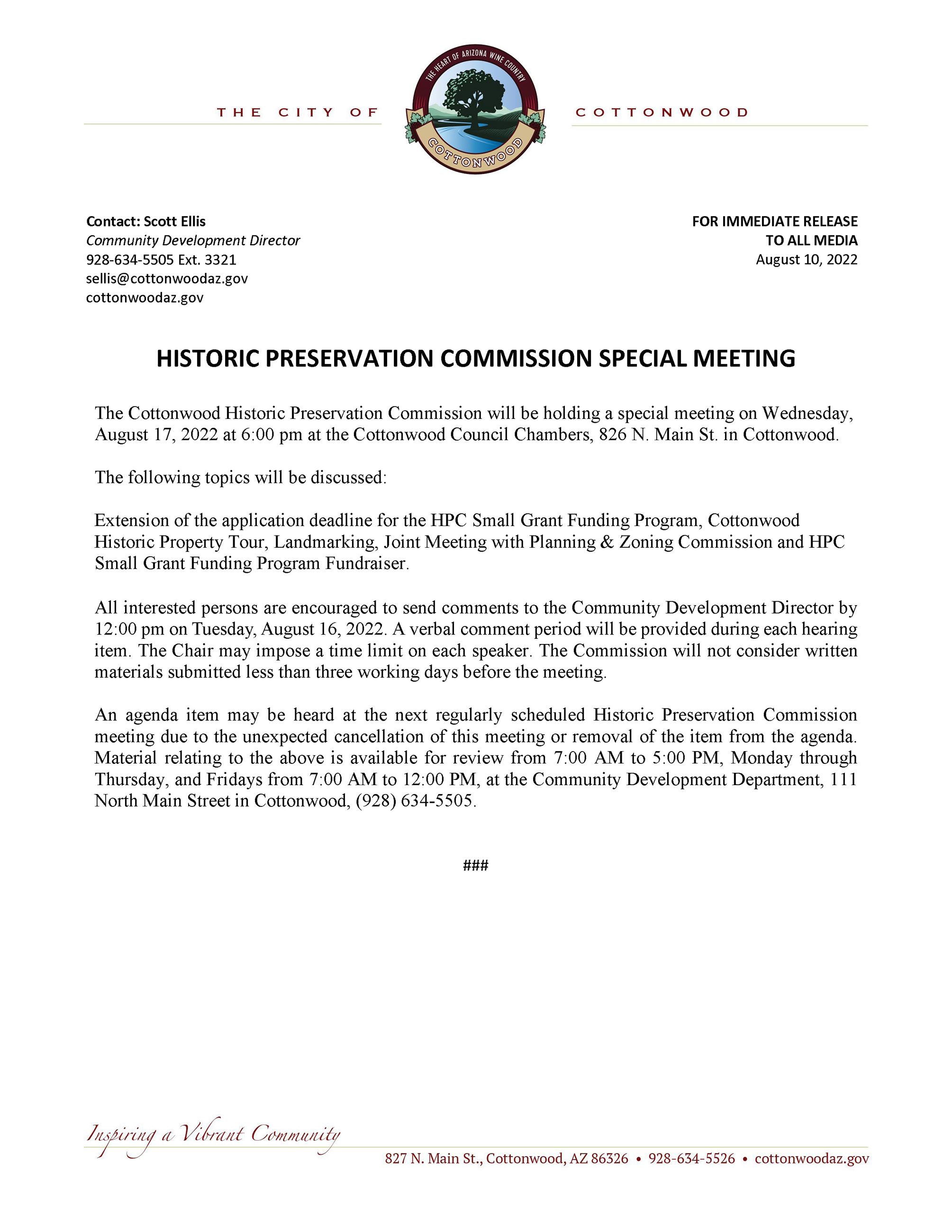 PRESS RELEASE - Historic Preservation Commission Special Meeting (1)