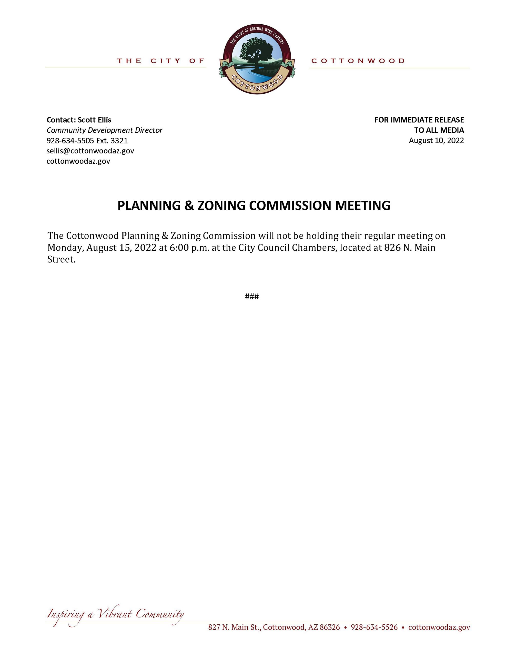 PRESS RELEASE - Planning Zoning Commission Meeting Canceled