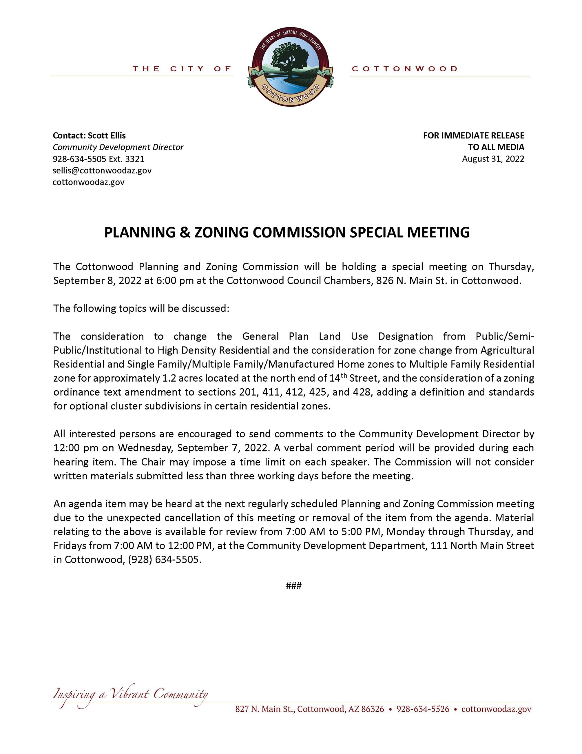 PRESS RELEASE - Planning and Zoning Commission Special Meeting