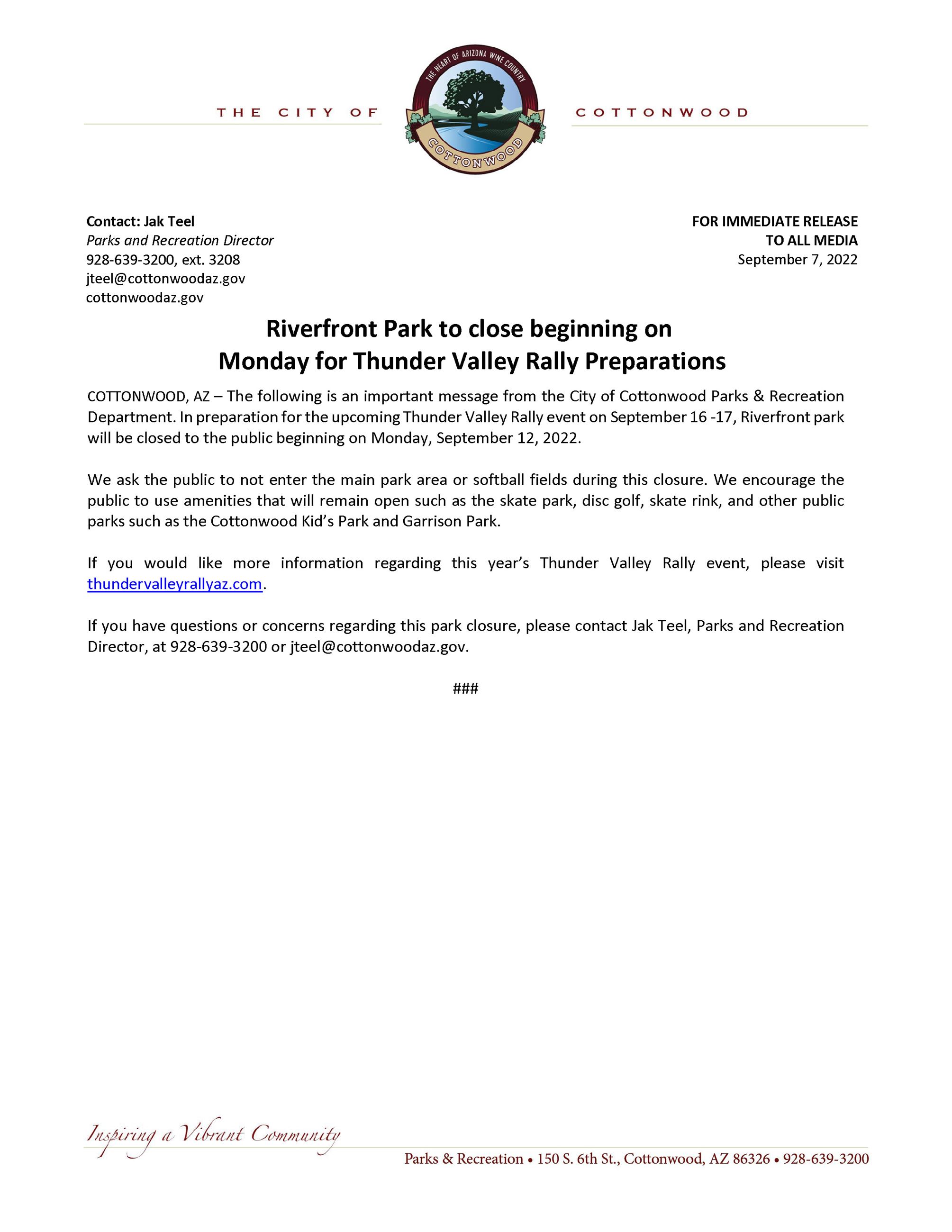 PRESS RELEASE - Riverfront Closure for TVR 2022