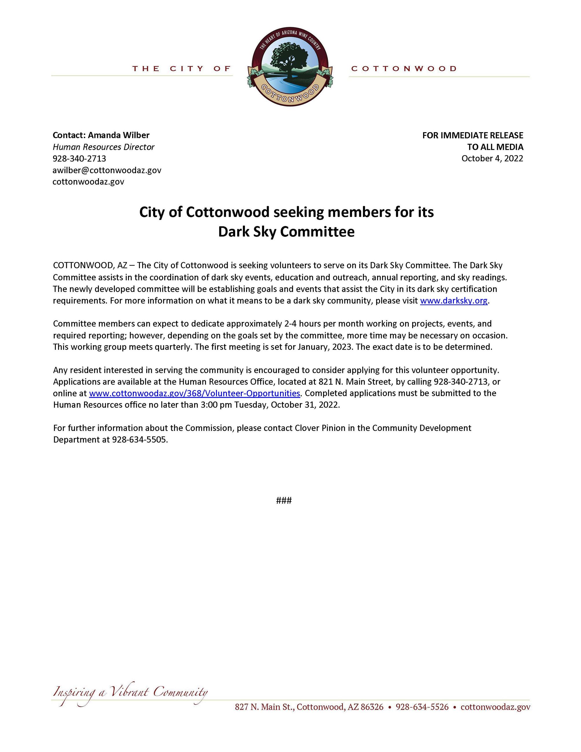 PRESS RELEASE - City of Cottonwood seeking members for its Dark Sky Committee