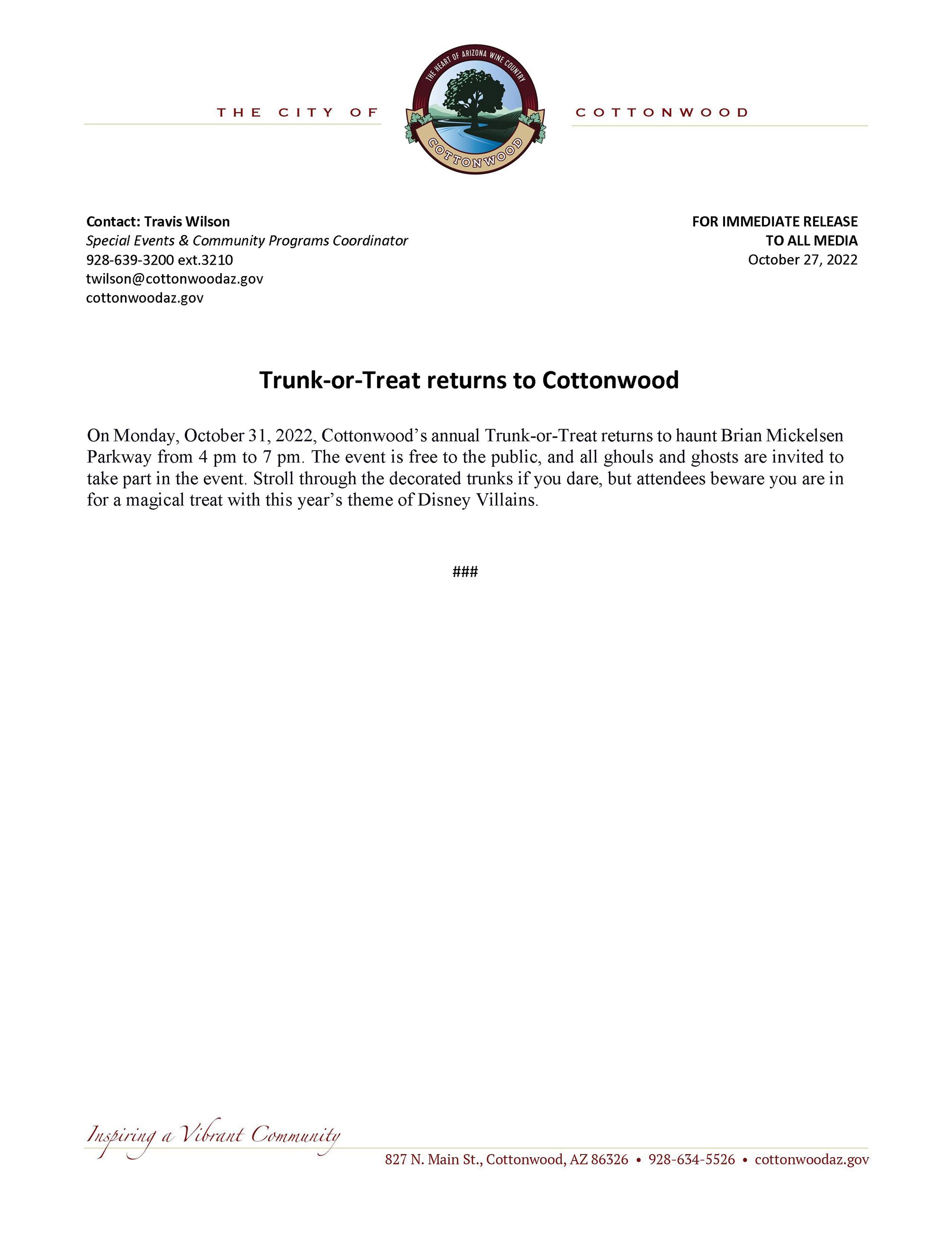 PRESS RELEASE - Trunk-or-Treat Returns to Cottonwood