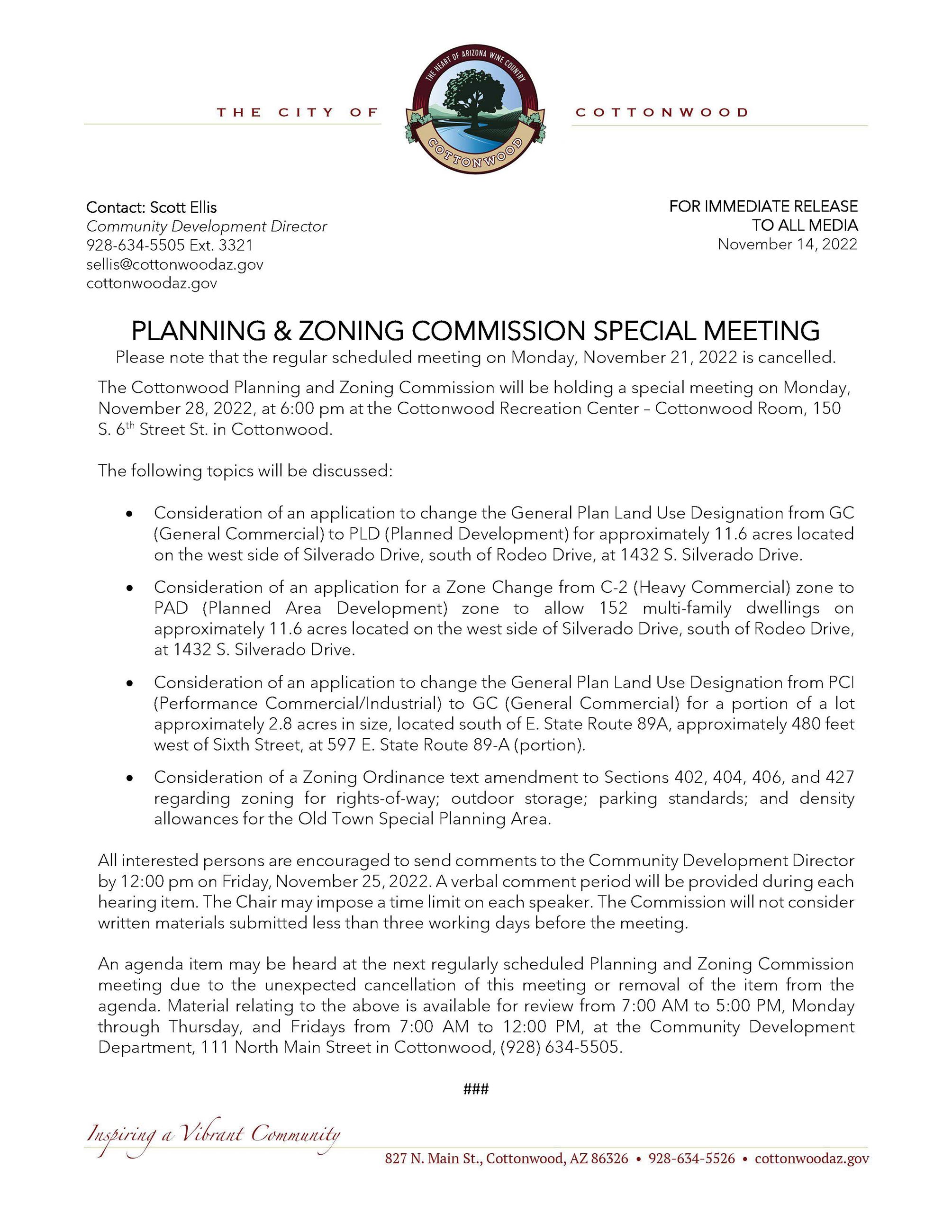 PRESS RELEASE - Planning and Zoning Commission Special Meeting