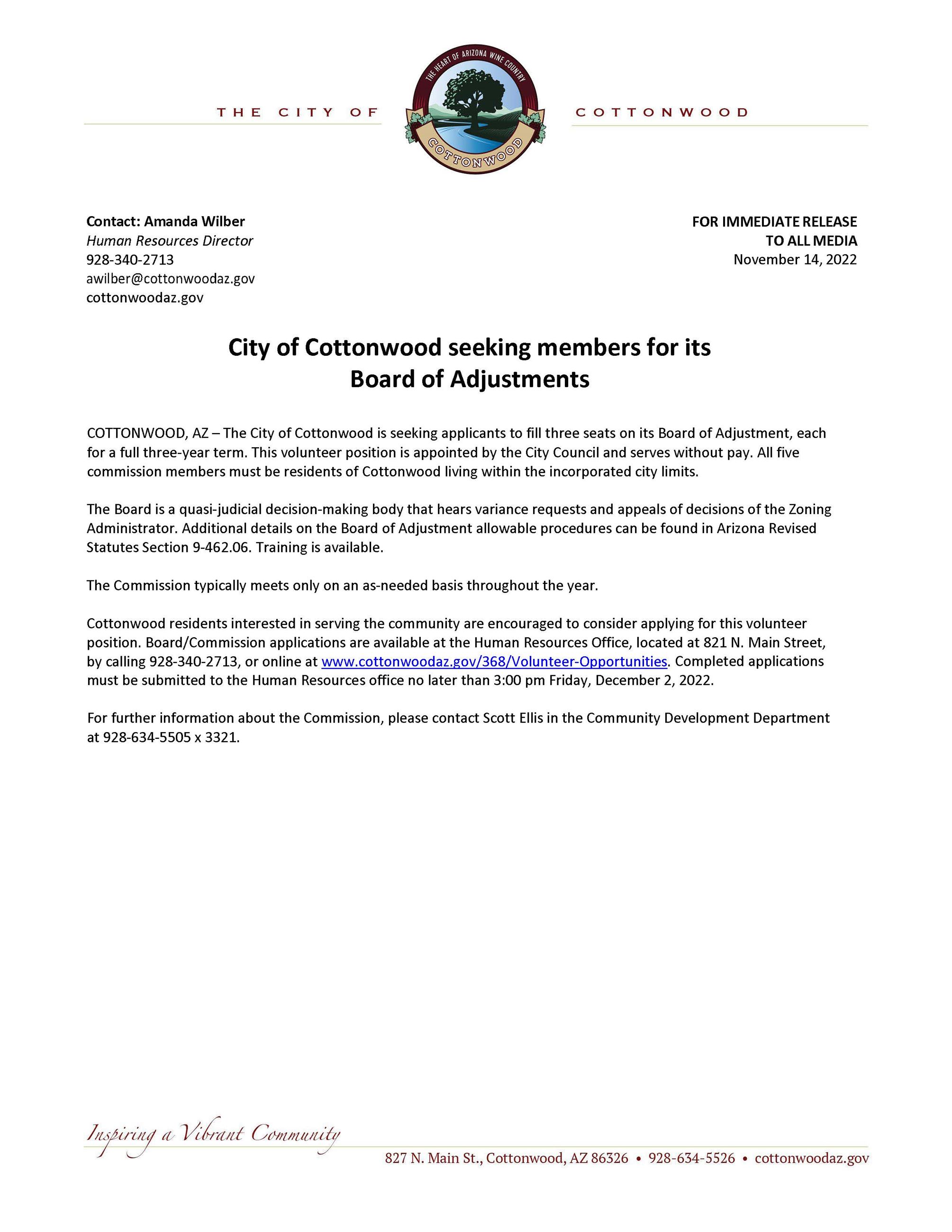 PRESS RELEASE - City of Cottonwood Seeking Members for its Board of Adjustments