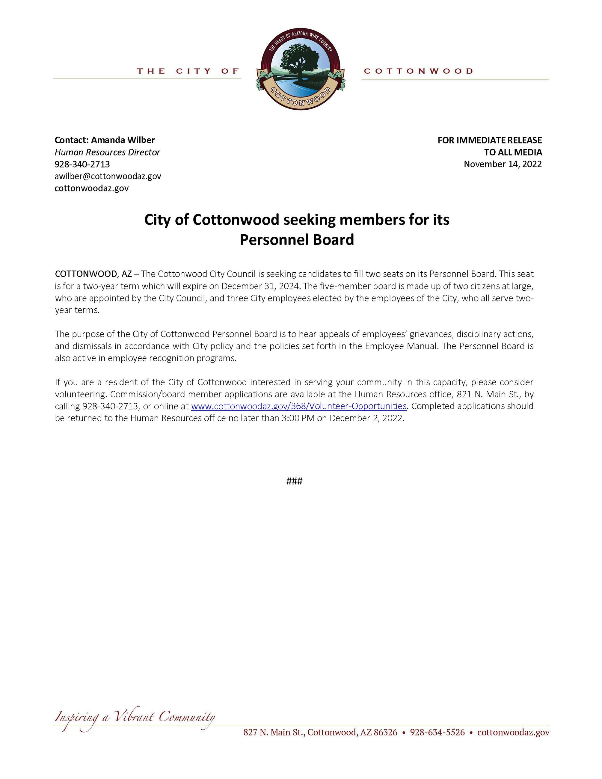 PRESS RELEASE - City of Cottonwood Seeking Members for its Personnel Board