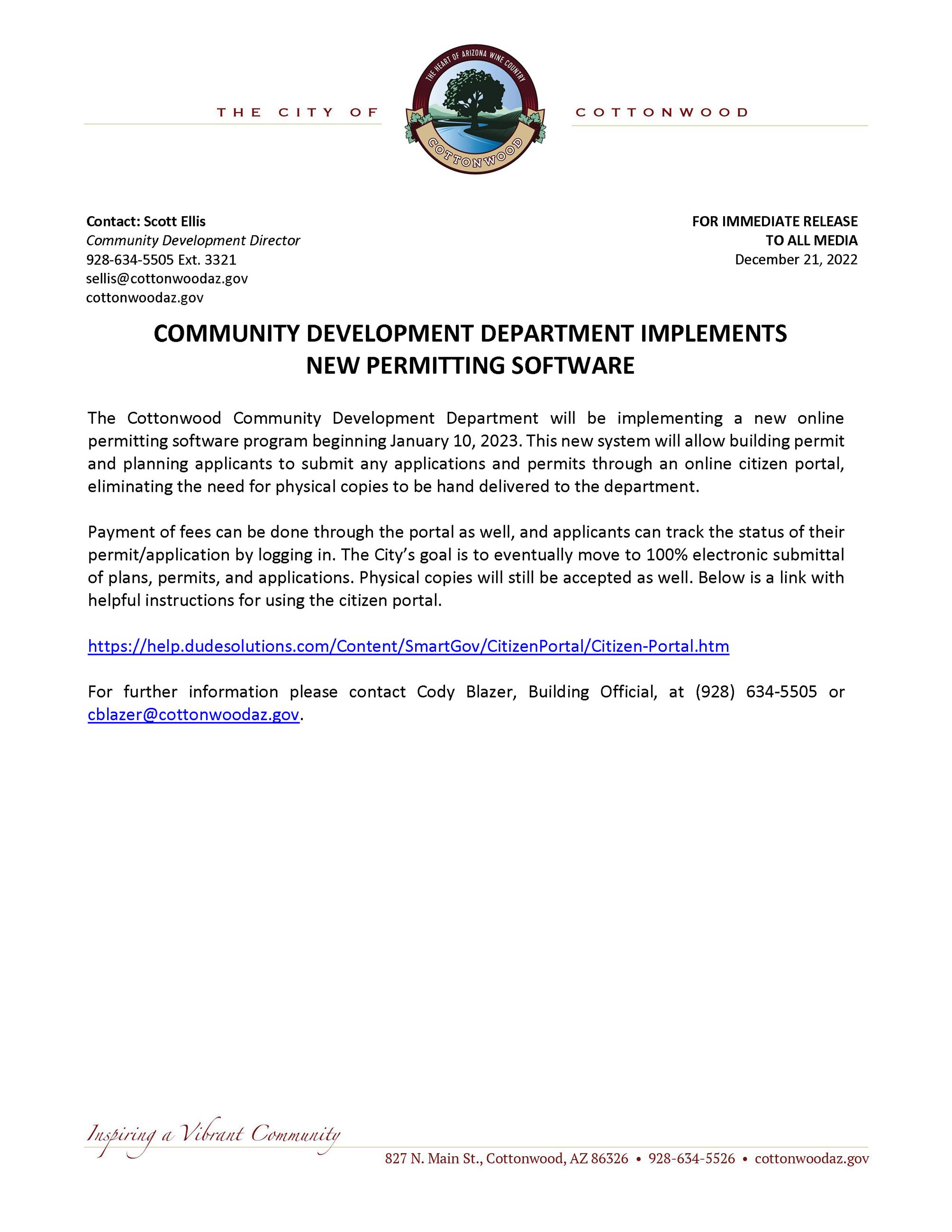 PRESS RELEASE - Cottonwood Community Development Department Implements New Permitting Software