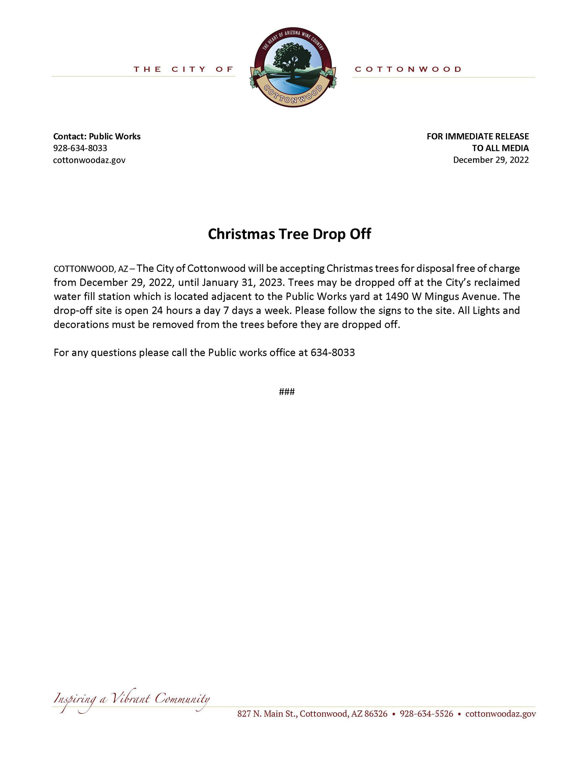 PRESS RELEASE - Christmas Tree Drop Off