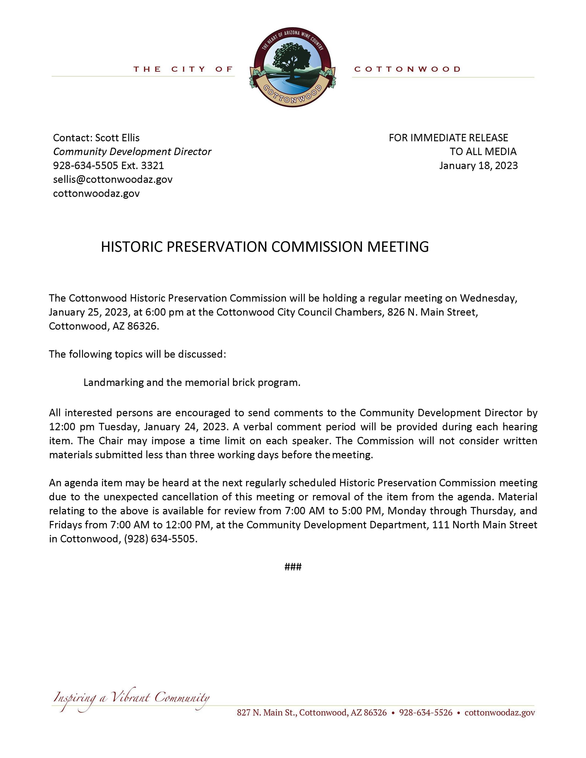 PRESS RELEASE - Historic Preservation Commission Meeting
