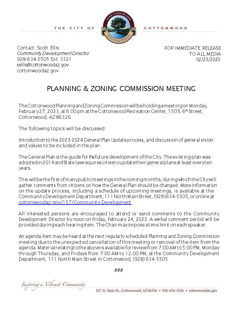 PRESS RELEASE - City of Cottonwood Planning and Zoning Commission Meeting