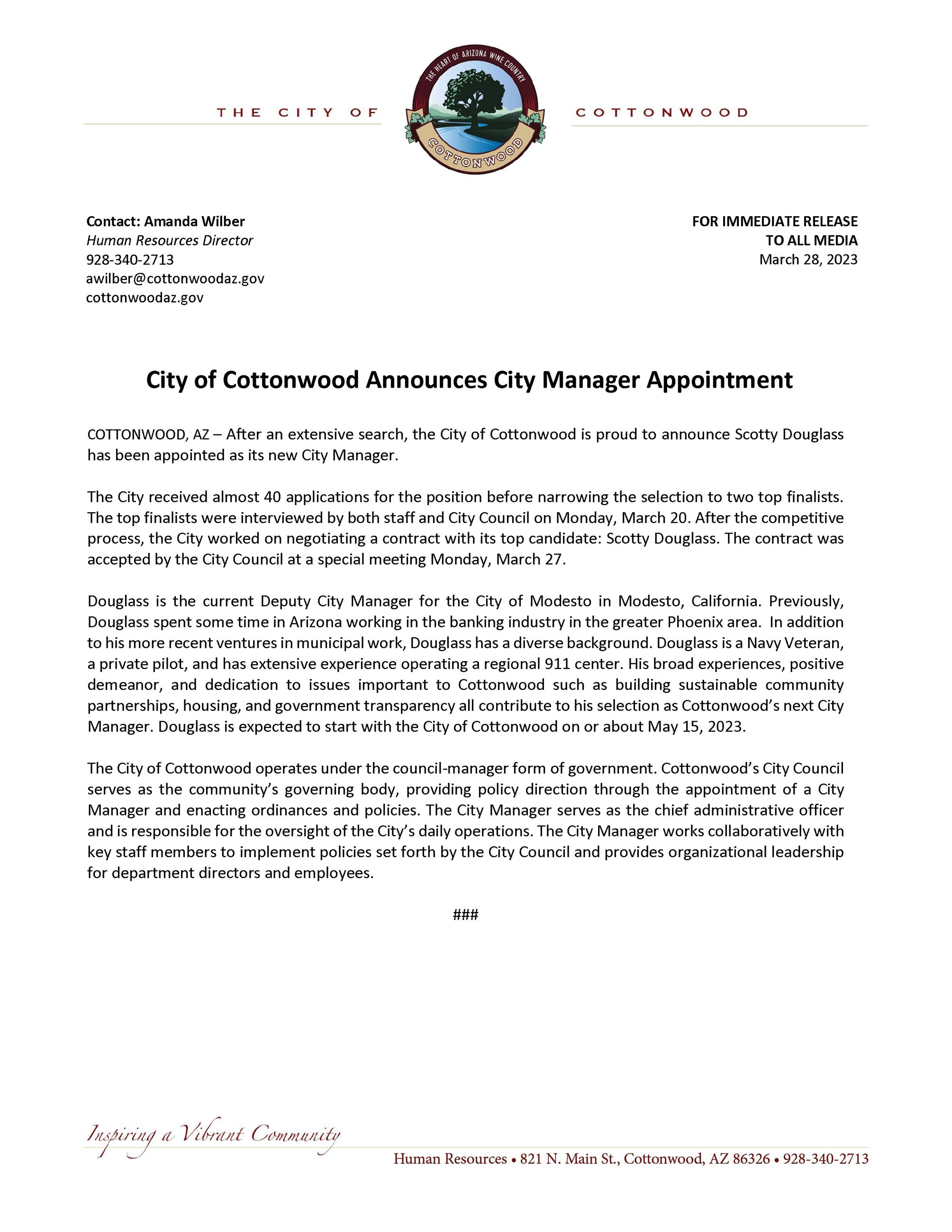 Press Release - City Manager Appointed 3-27-23